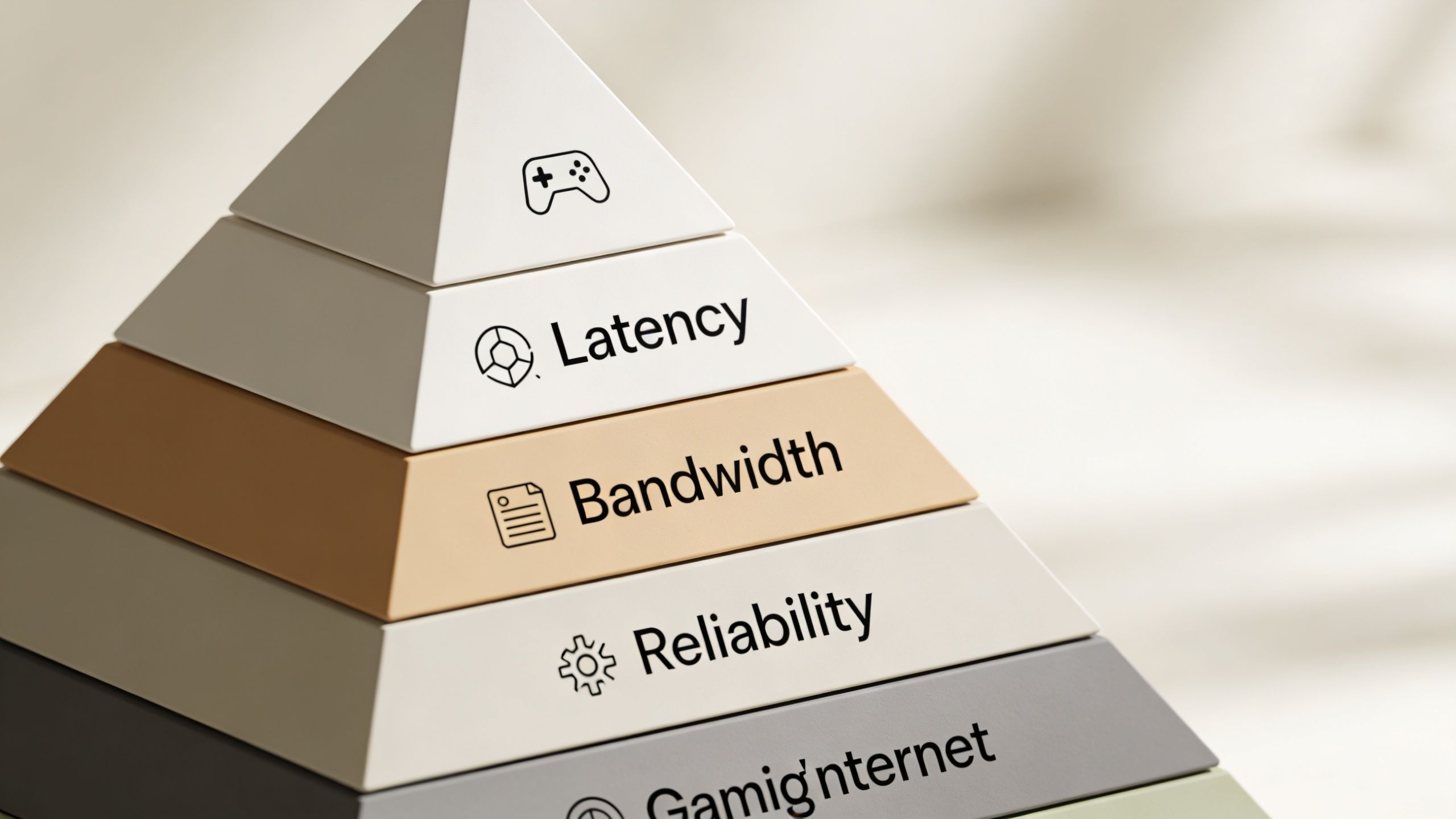 A pyramid diagram illustrating the essential network requirements for high-performance online gaming and stable internet connectivity.