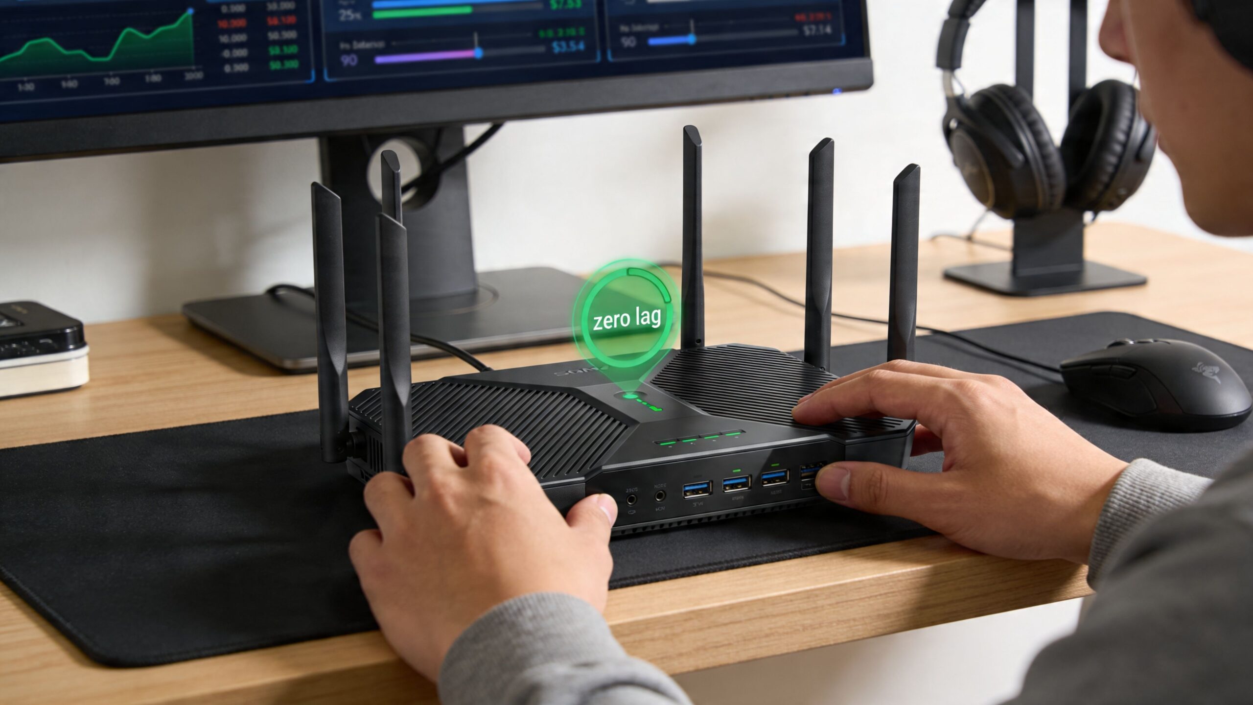 A gamer adjusting a high-performance gaming router with a zero lag digital indicator on a wooden desk.