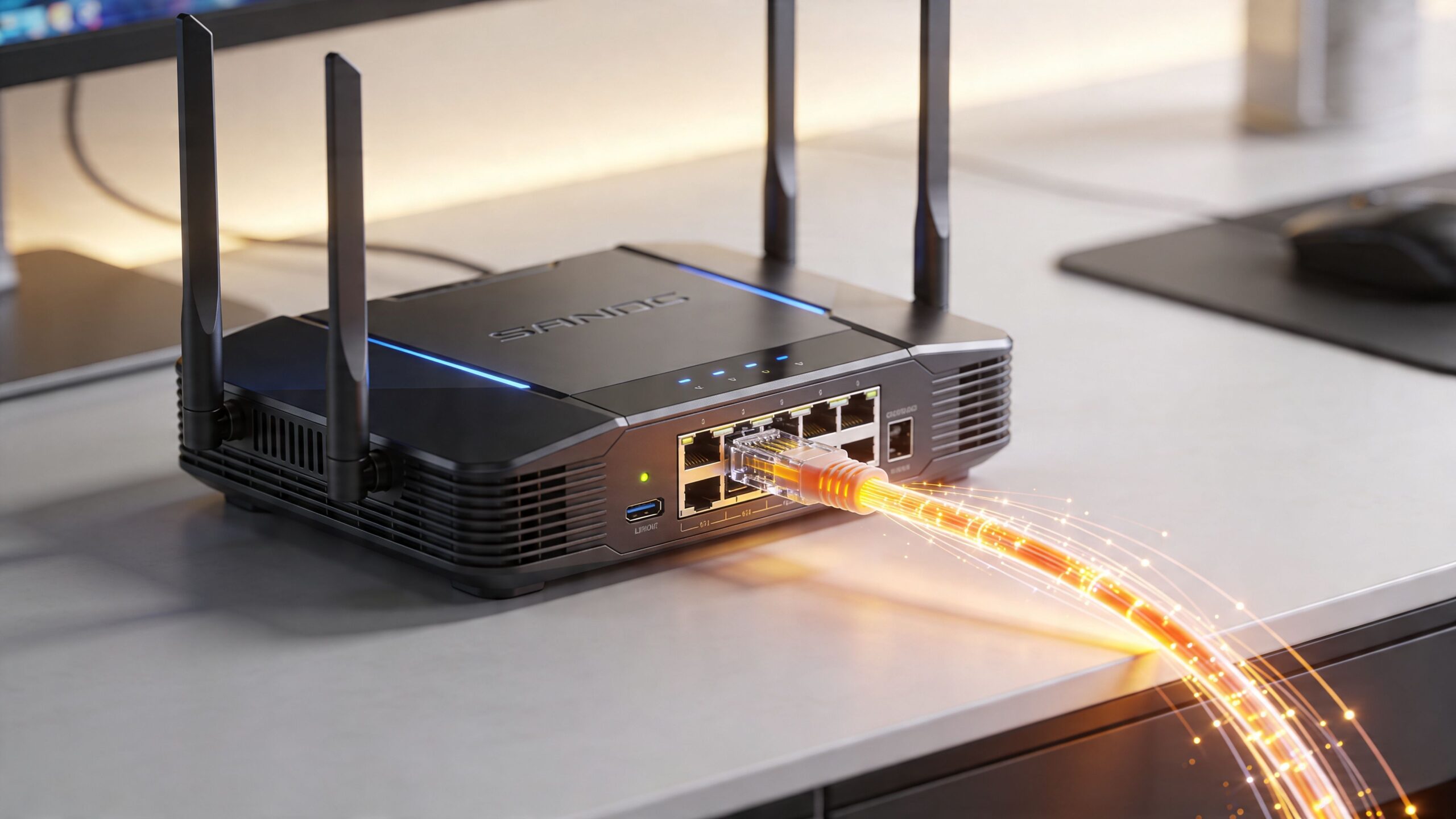 A black high-speed gaming router with antennas and a glowing Ethernet cable plugged into the device.