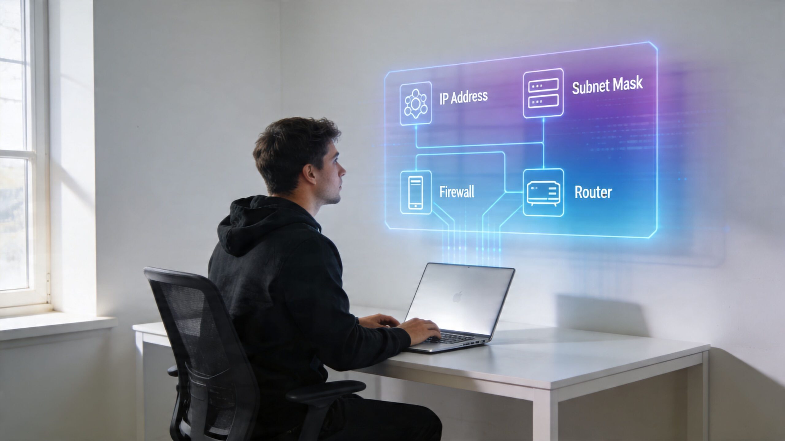 A young man working on his laptop while projecting a digital network interface on the wall.