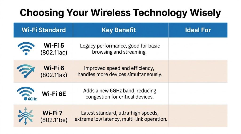 A table comparing Wi-Fi standards 5, 6, 6E, and 7, explaining their key benefits for wireless technology users.