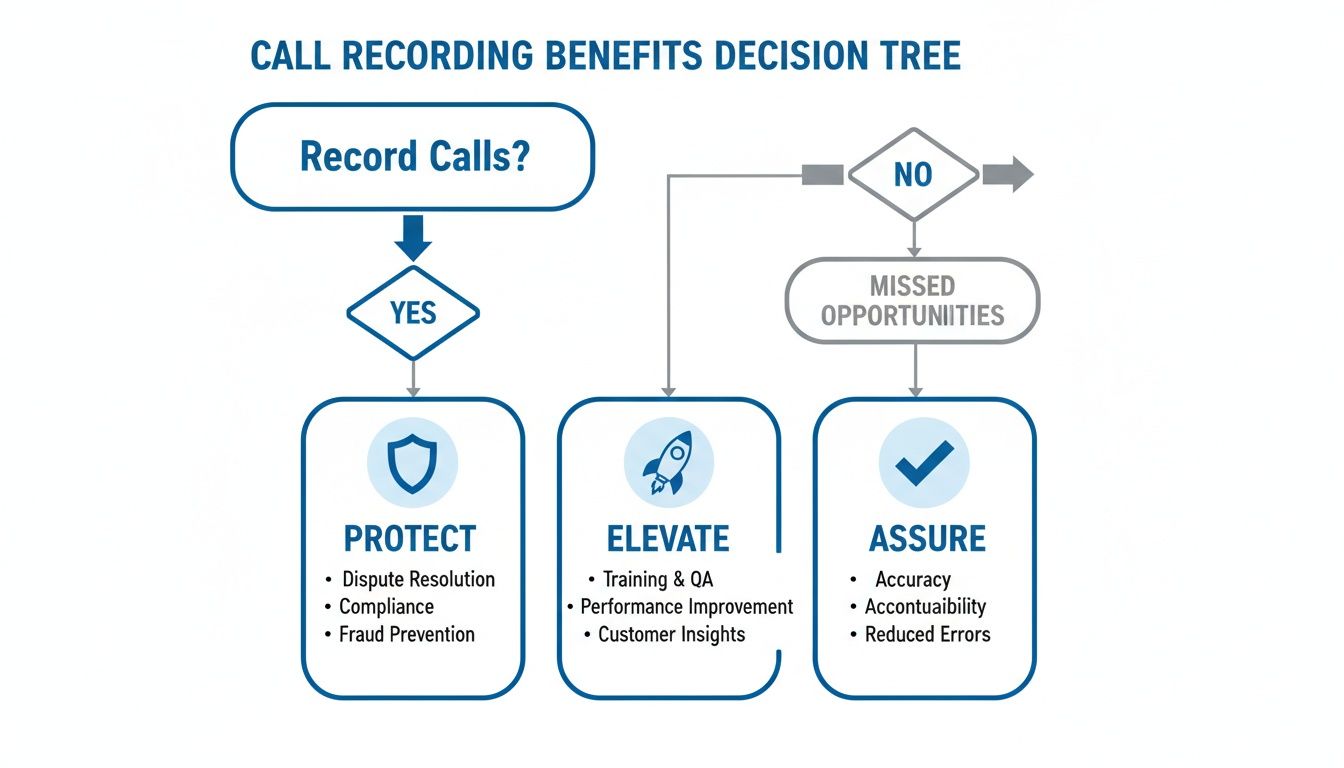 Decision tree illustrates the benefits of recording calls, including protection, elevation, and assurance.