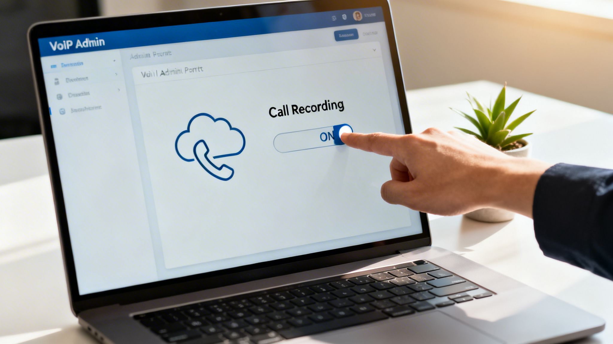 A hand turns on call recording on a VoIP admin panel on a laptop, showing a cloud phone icon.