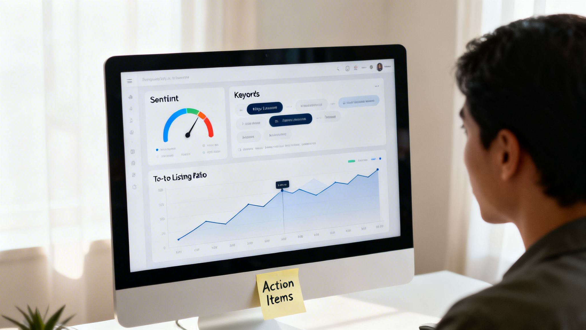 Man analyzing data on a computer screen showing business metrics and charts with action items.