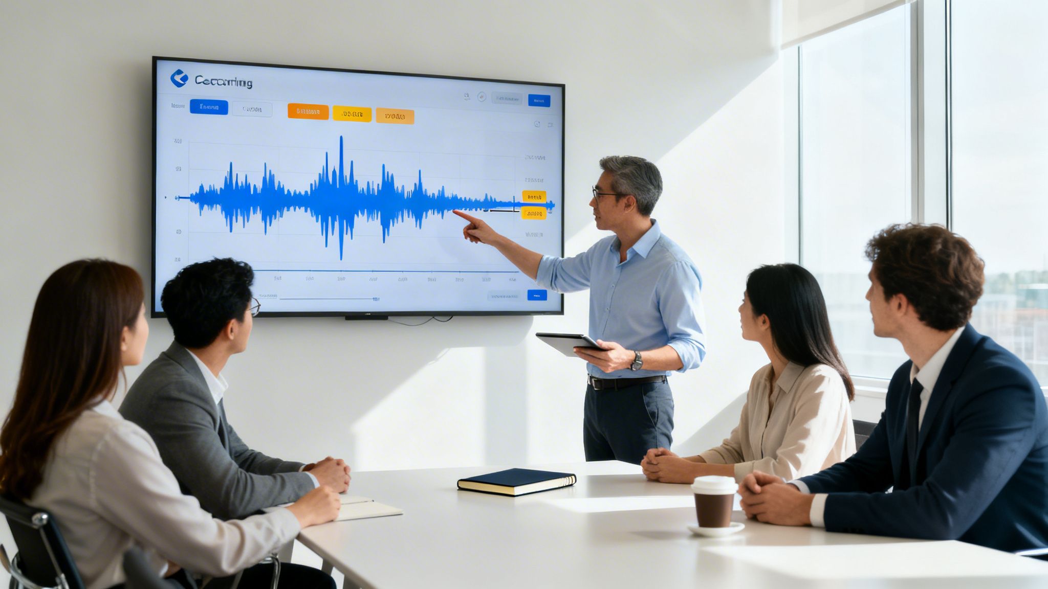An Asian businessman points at a data waveform graph on a large screen to his diverse team.