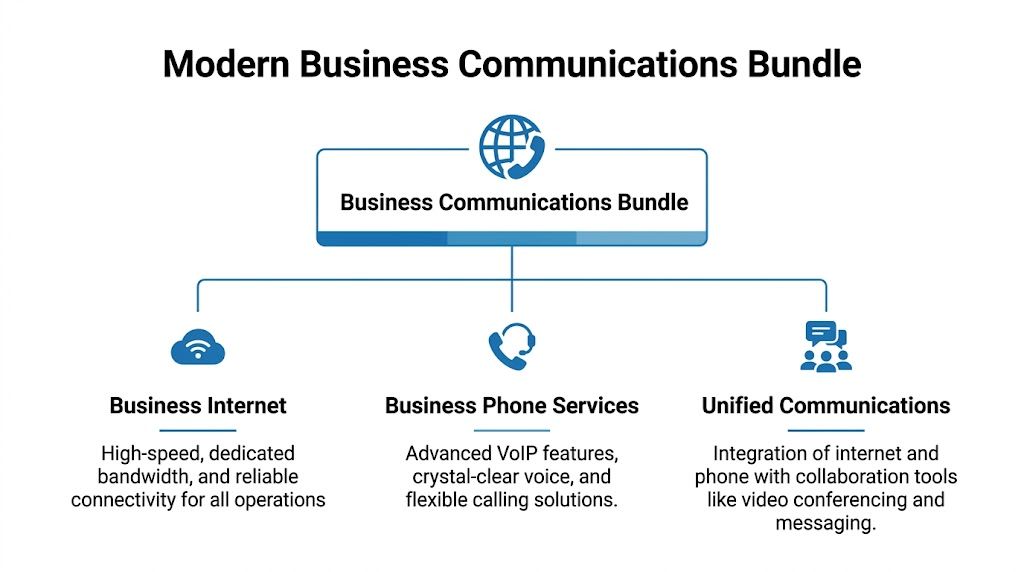 An infographic showing a modern business communications bundle including business internet, phone services, and unified communications.