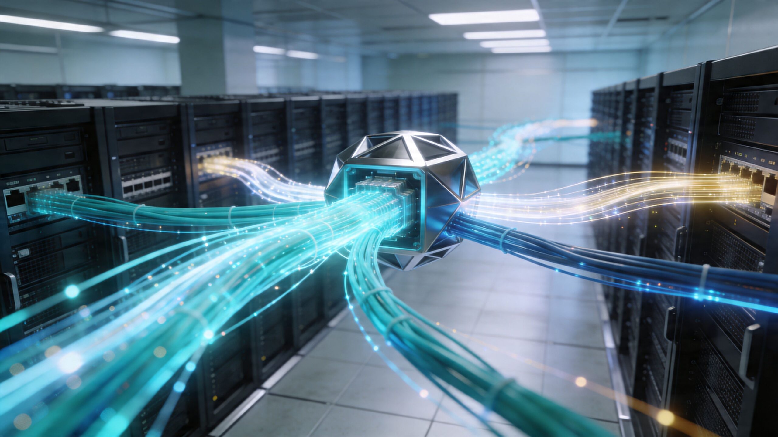 A futuristic geometric hub processing bright blue and glowing data cables within a large server room facility.