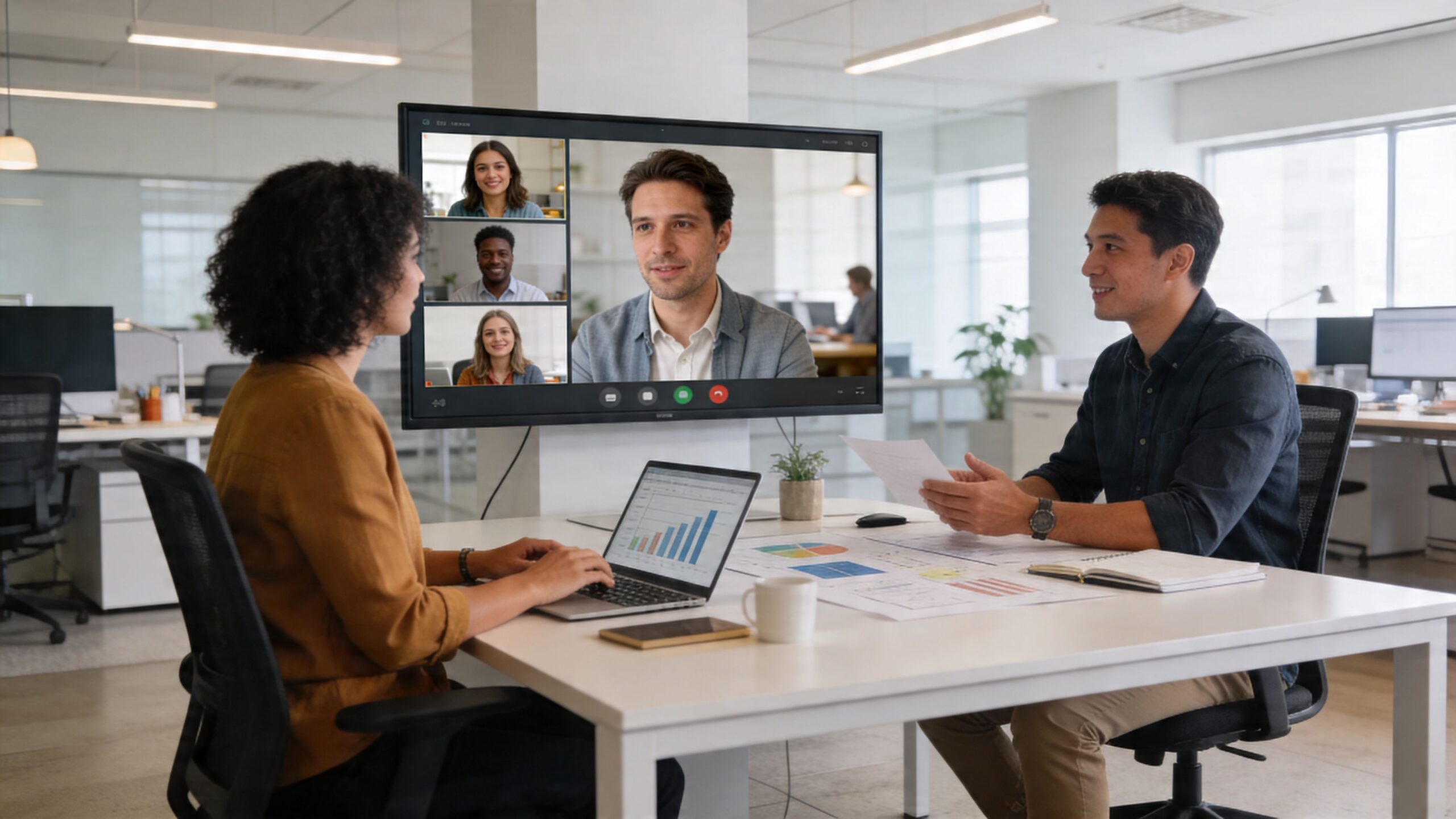 Two colleagues collaborating in an office while participating in a virtual video conference on a large screen.