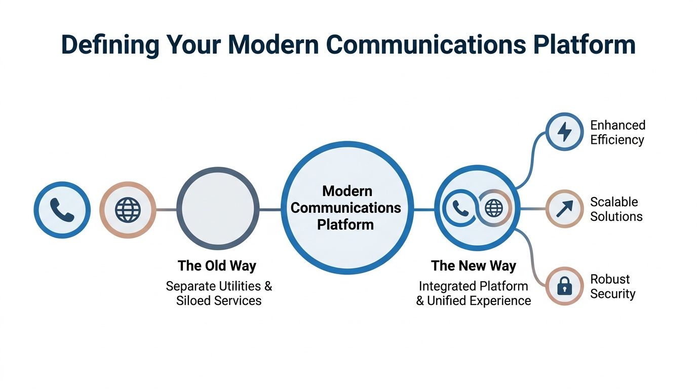 A diagram comparing traditional siloed communication utilities with a modern, integrated unified communications platform.