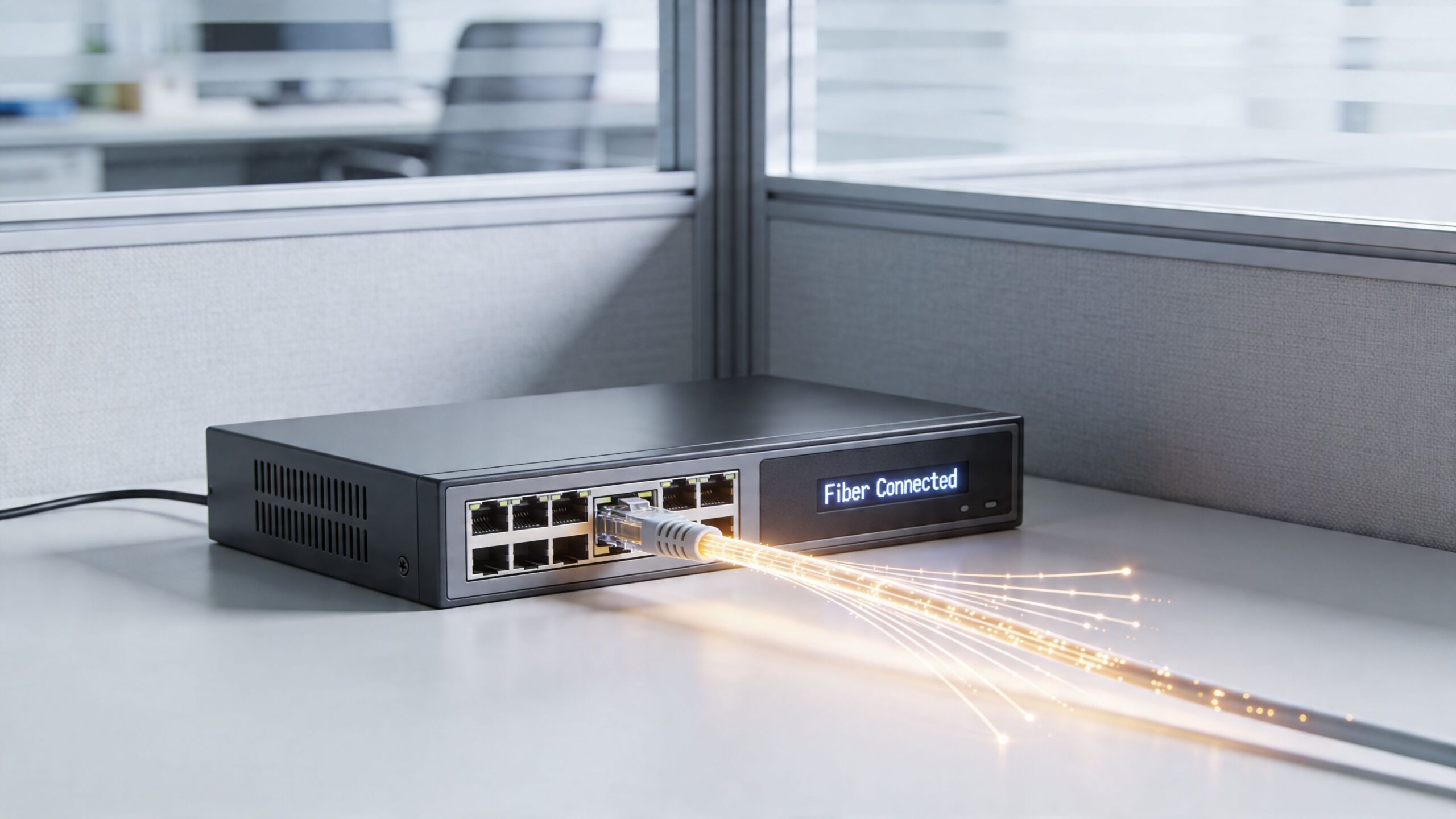 A network switch on an office desk with a glowing fiber optic cable connected to it.