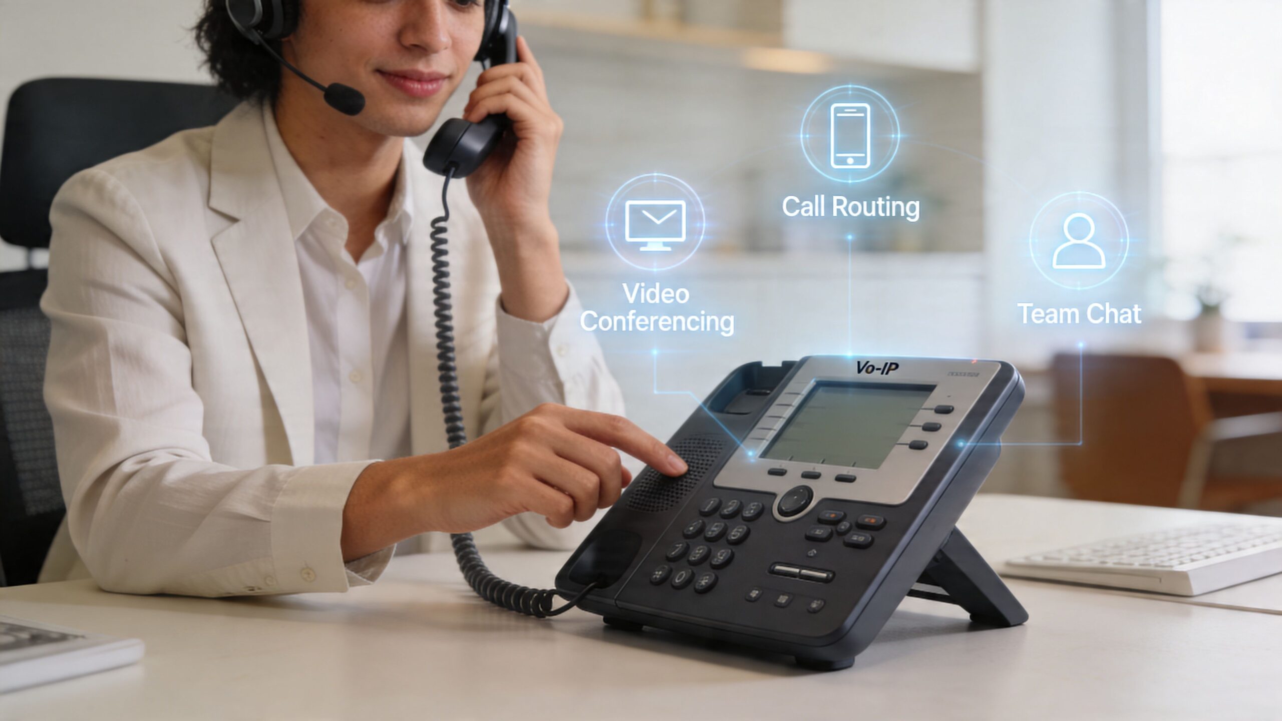 A professional office worker using a VoIP office phone with digital icons for communication features.
