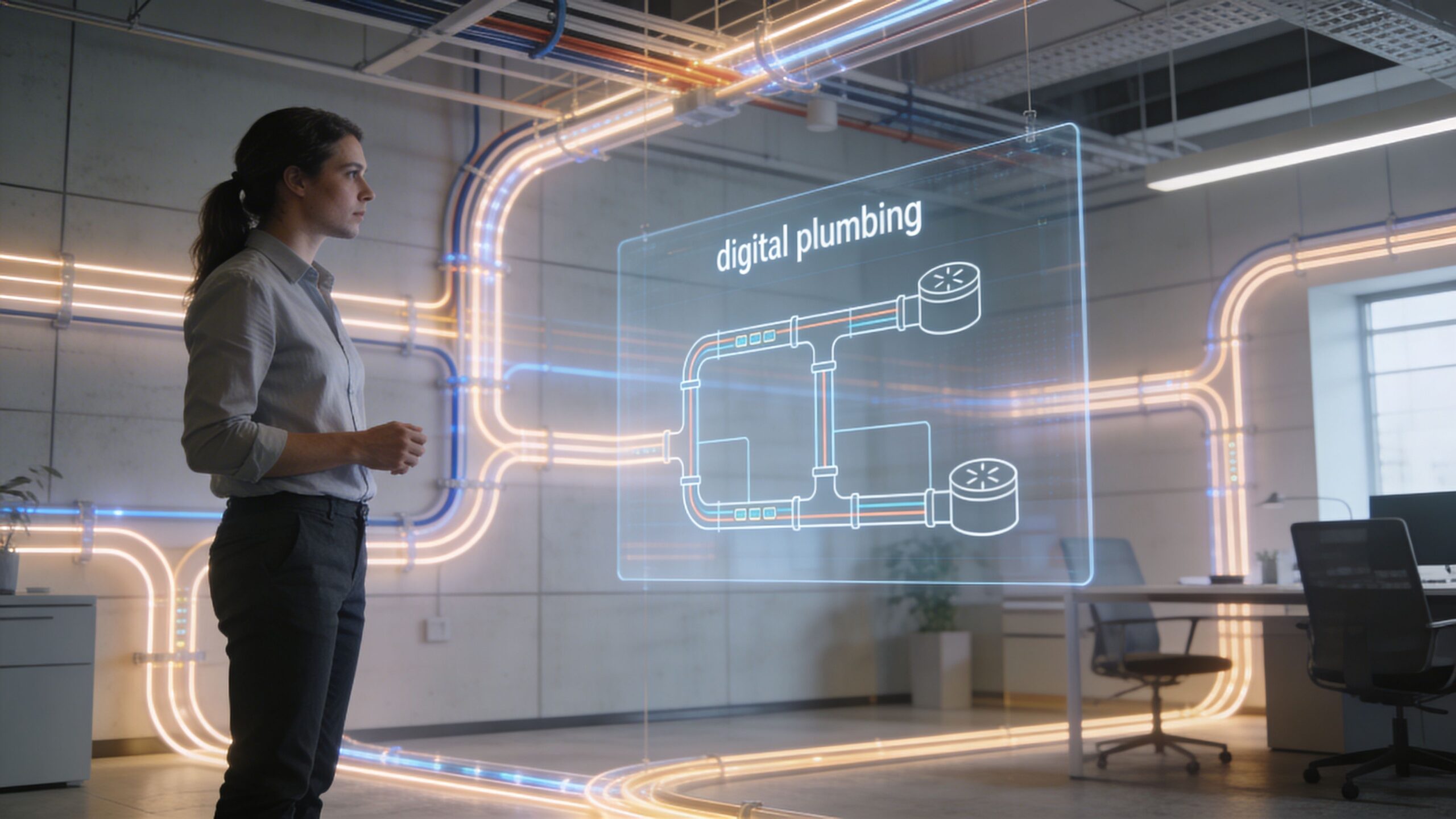A professional woman standing in a modern office looking at a glowing digital plumbing diagram projection.