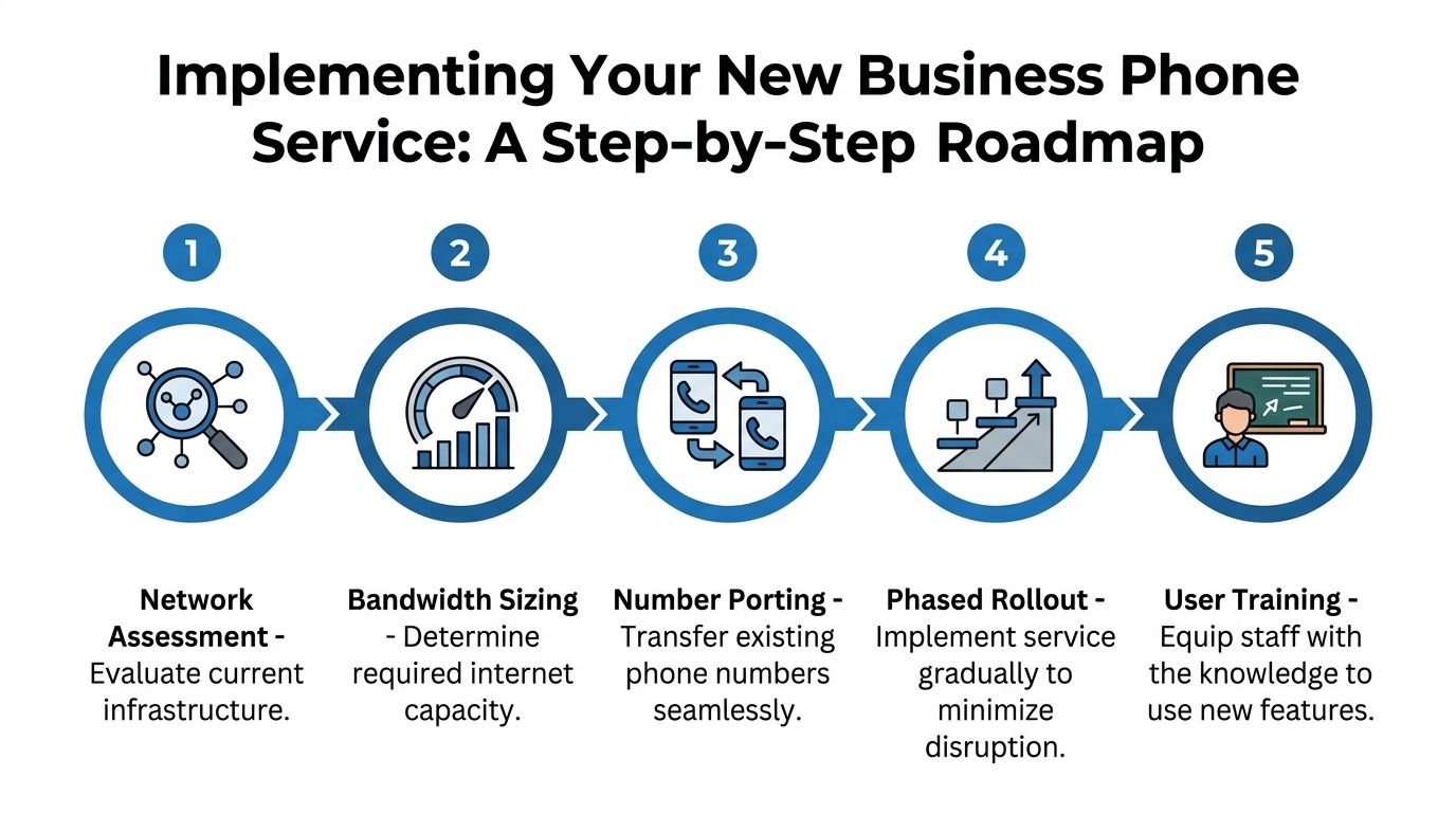 A five-step roadmap infographic for implementing a new business phone service for your organization.