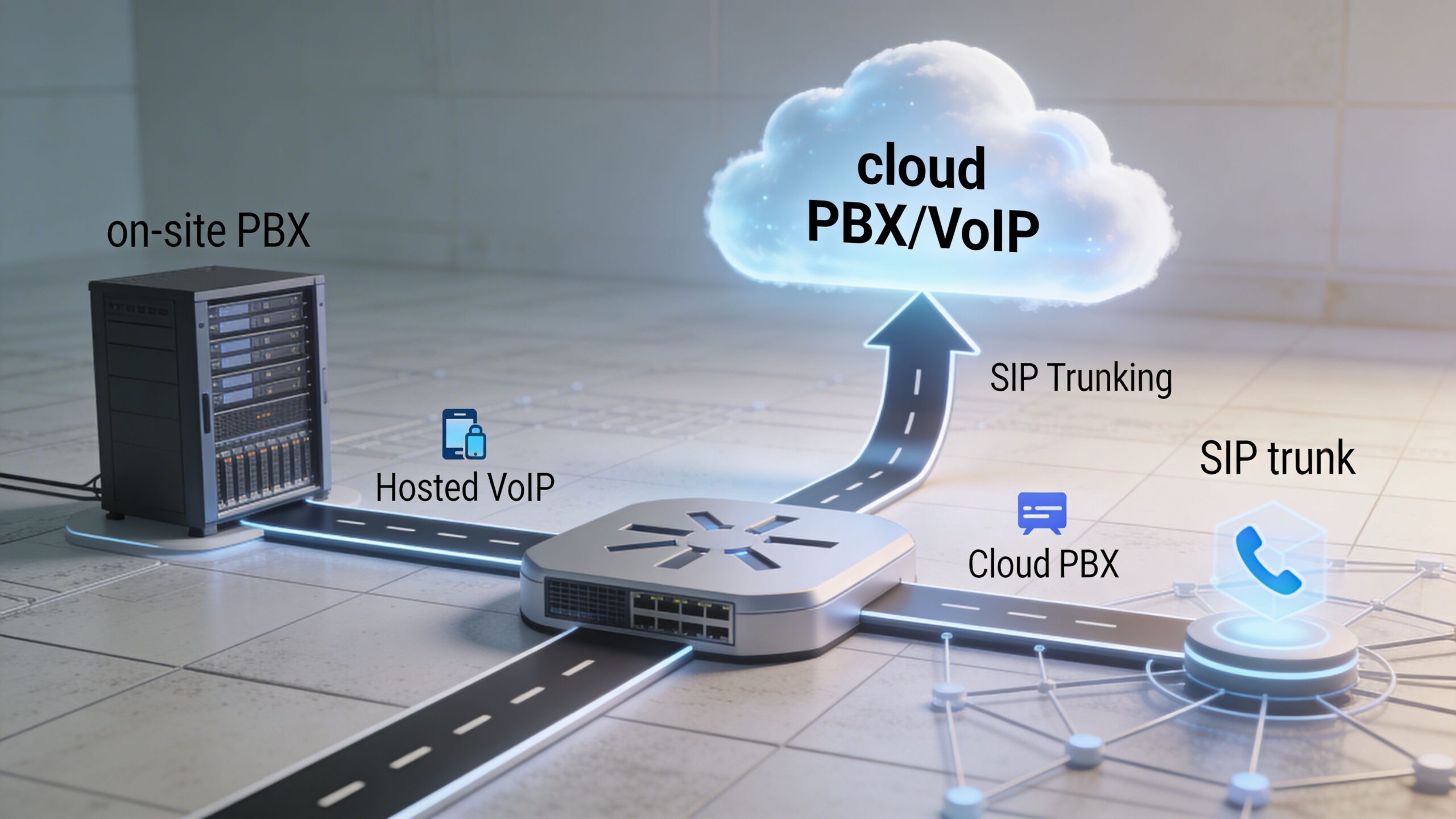 A conceptual diagram showing an on-site PBX server connecting to cloud VoIP services and SIP trunking.
