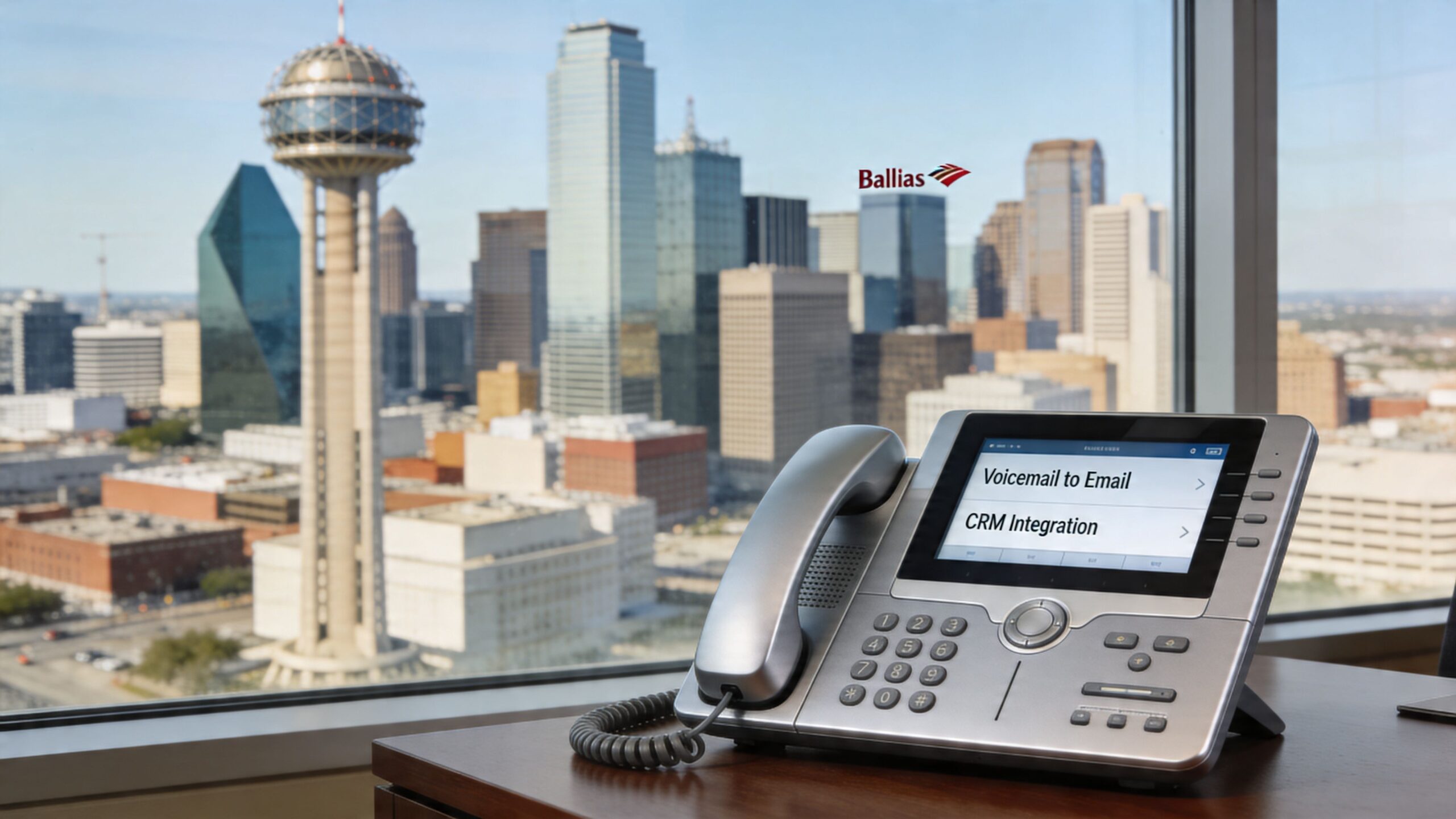 A modern VoIP office phone featuring CRM and voicemail features overlooking the Dallas city skyline.