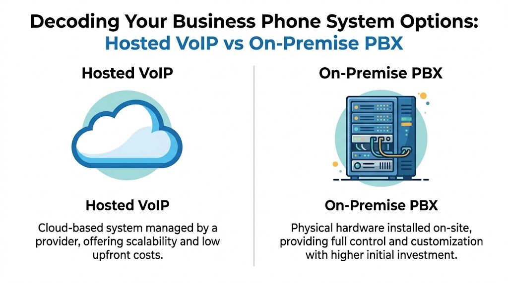 A comparison chart showing the differences between cloud-based Hosted VoIP and physical On-Premise PBX phone systems.