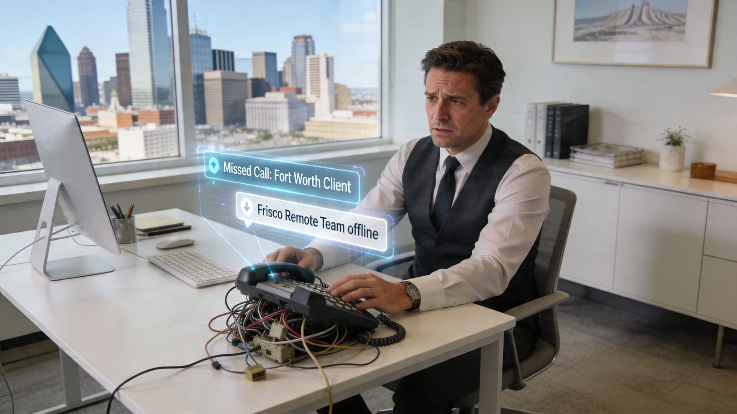 A concerned businessman sits at a desk in a Dallas office with a malfunctioning, tangled phone system.