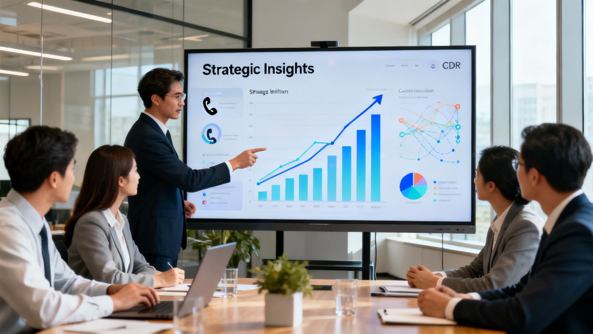 A professional man presents business data and analytical charts to his team in a modern office boardroom.
