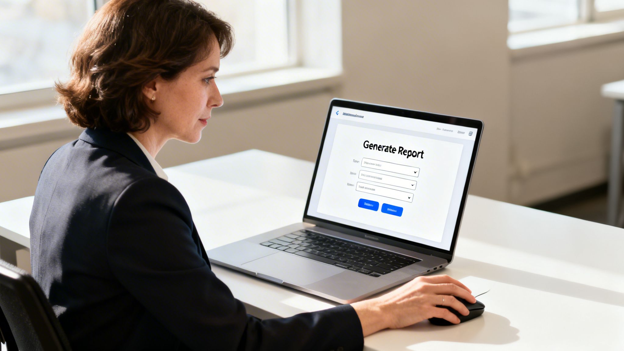 A professional woman in a business suit sitting at her desk using a laptop to generate reports.