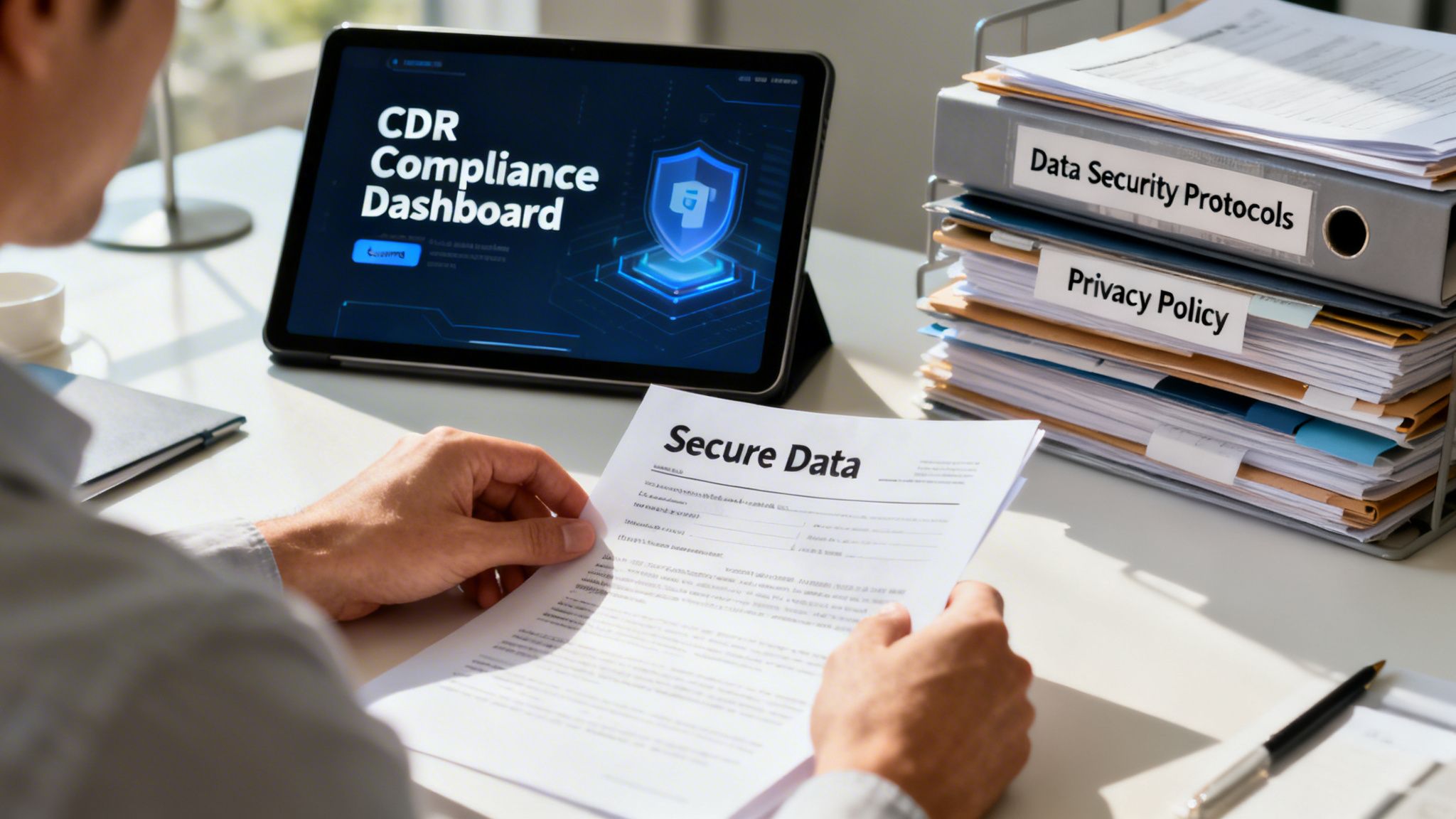 A person reviewing a secure data document with a CDR compliance dashboard displayed on a tablet computer.