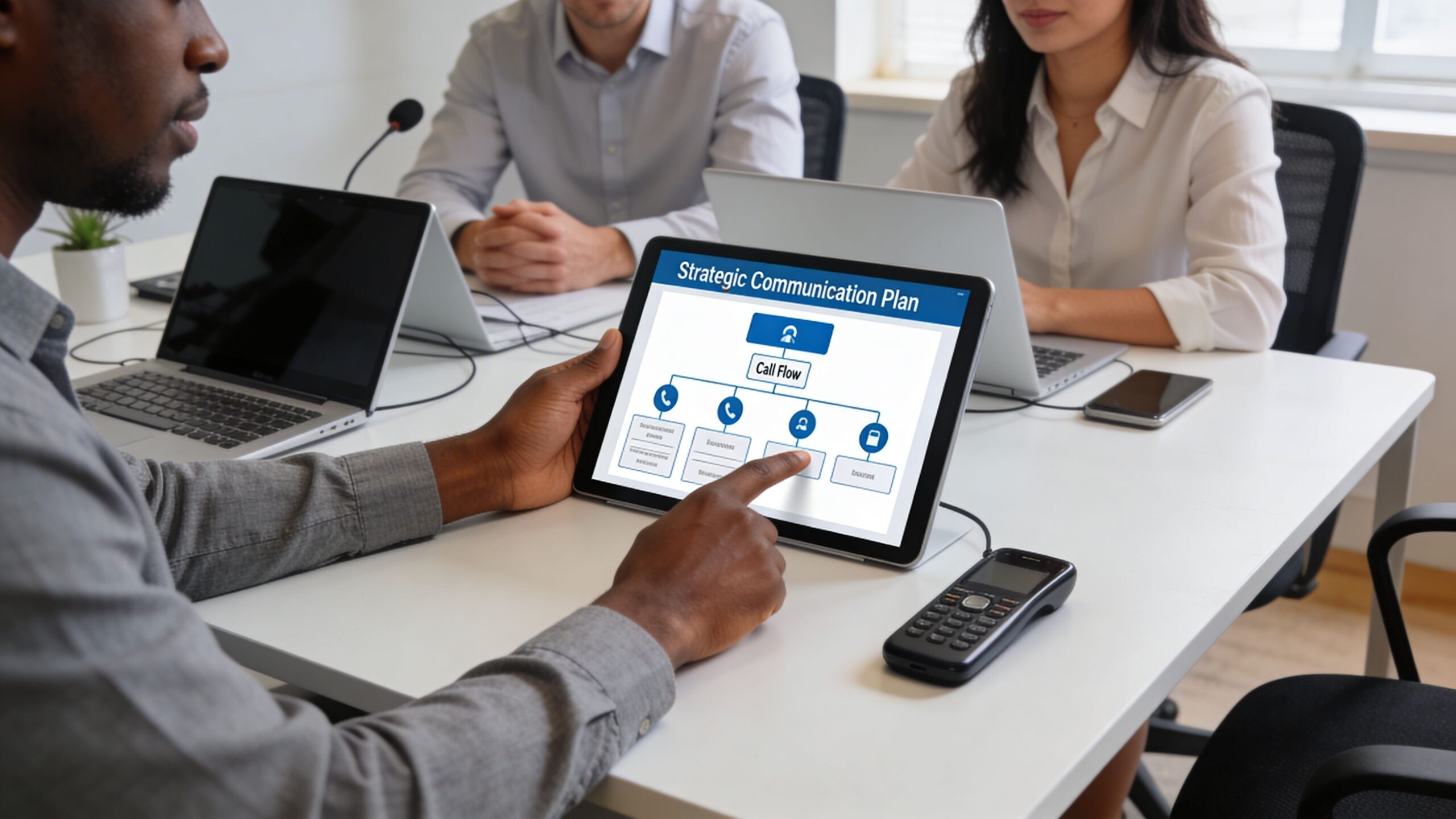 A professional team reviewing a strategic communication call flow plan on a tablet during a business meeting.