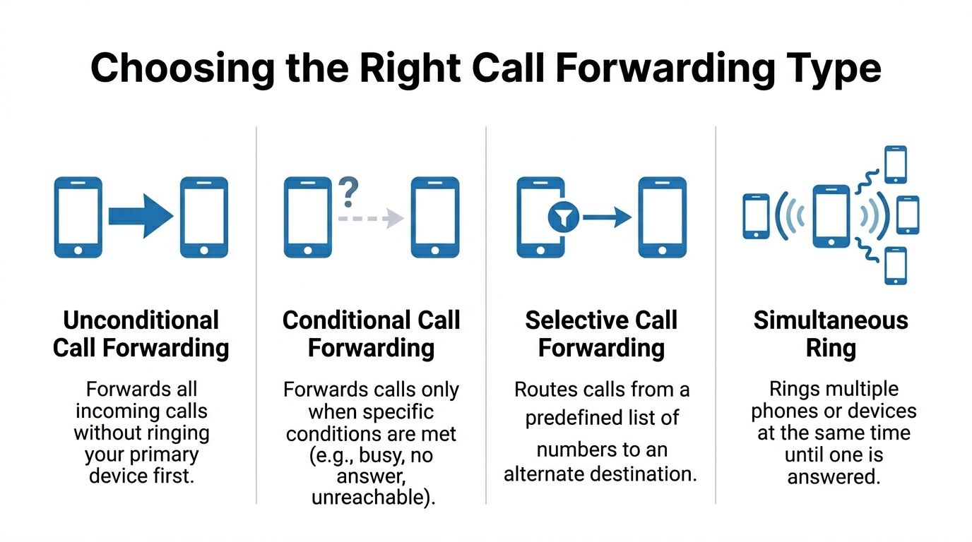 An infographic illustrating four different types of call forwarding options available for mobile phone users.