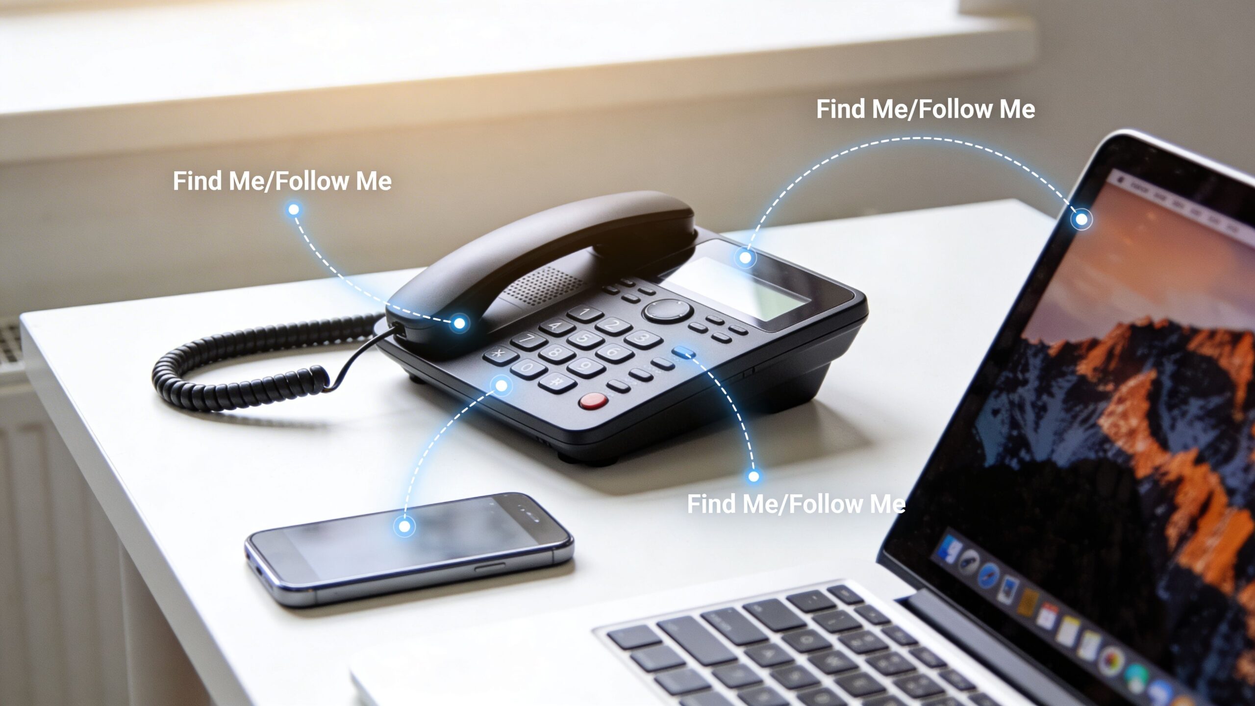 A black desk phone connected to a mobile phone and a laptop illustrating Find Me Follow Me technology.