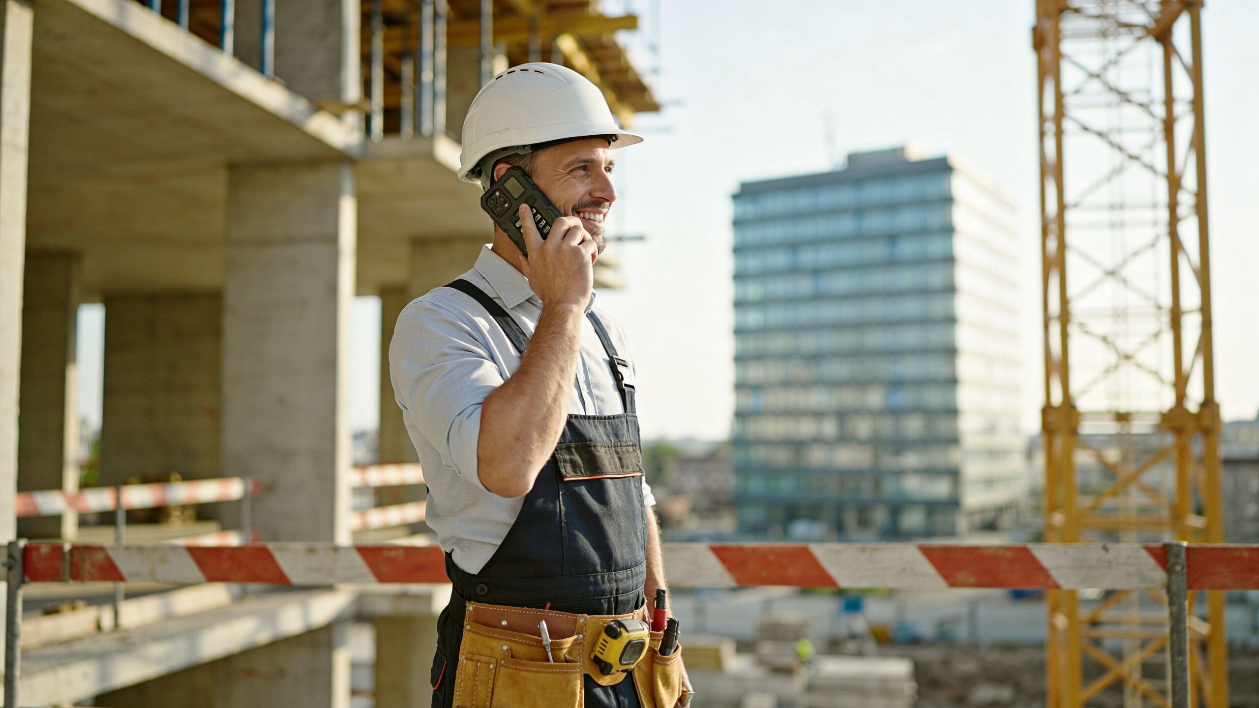 A construction site engineer wearing a safety helmet talking on his mobile phone while working.