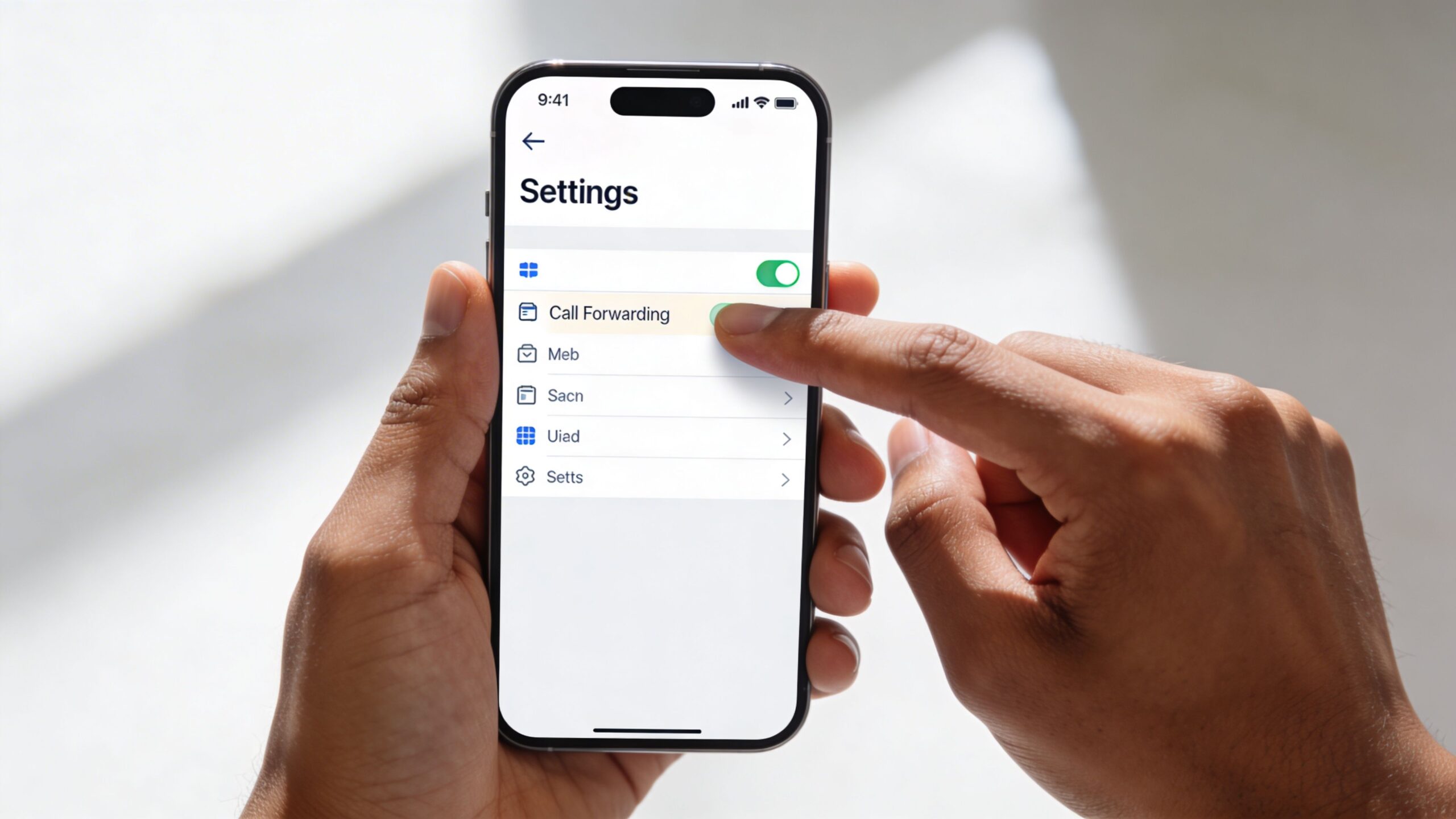 A close-up view of hands holding a smartphone displaying a call forwarding settings menu on screen.