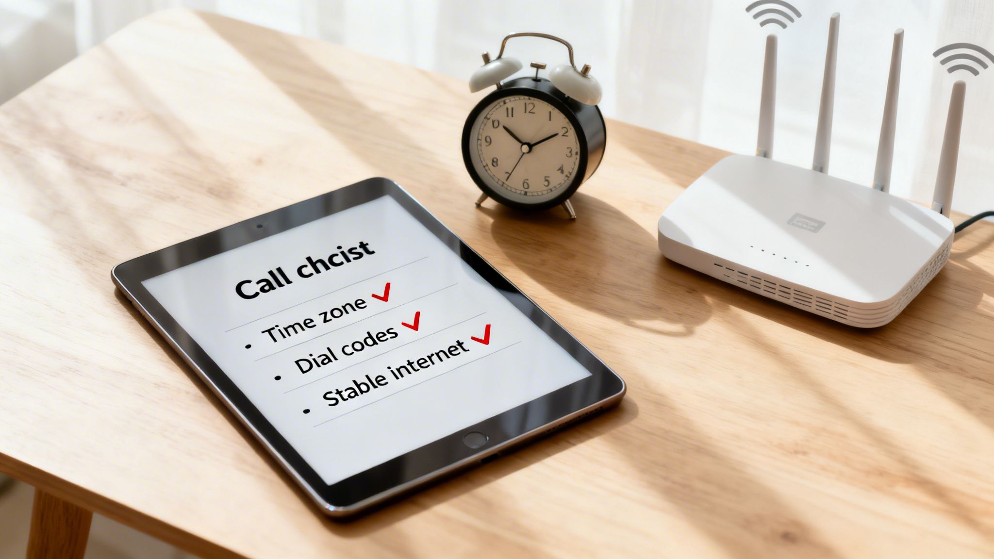 A tablet showing a call checklist next to an alarm clock and a white WiFi router on a wooden desk.