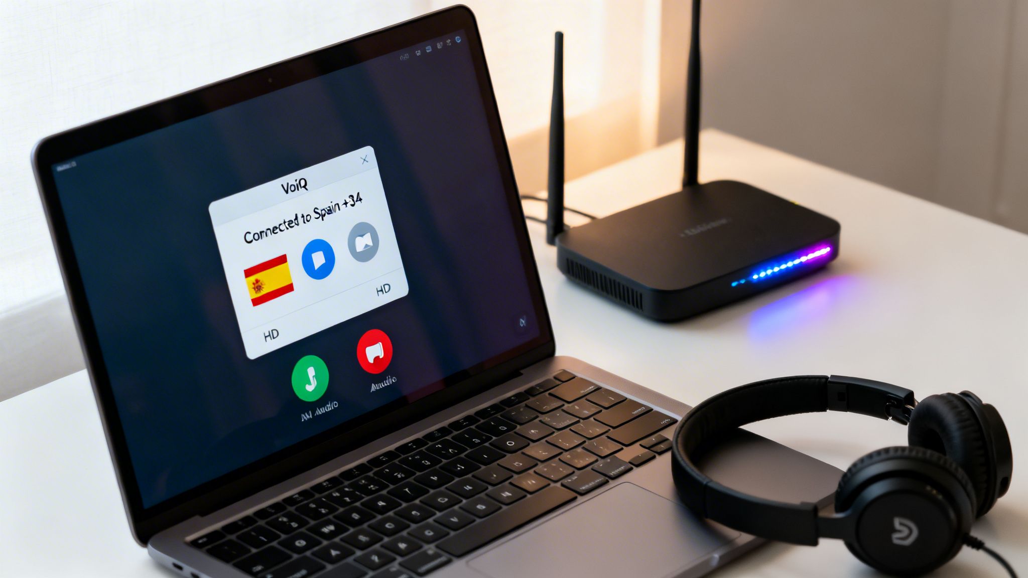 Laptop displaying a VoiQ app connected to Spain, with a router and black headphones.