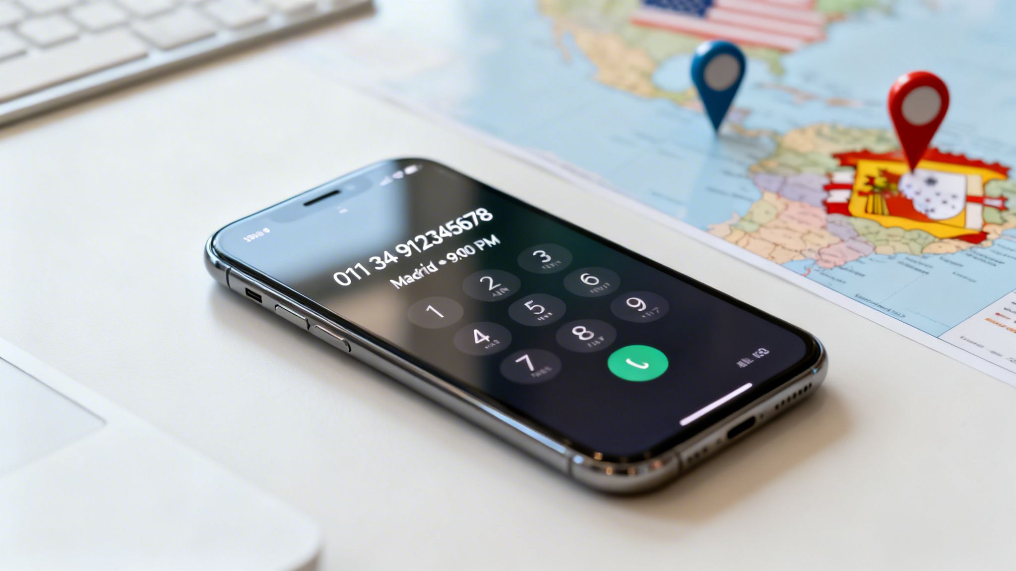A smartphone displaying an international phone number for Madrid next to a map of USA and Spain.