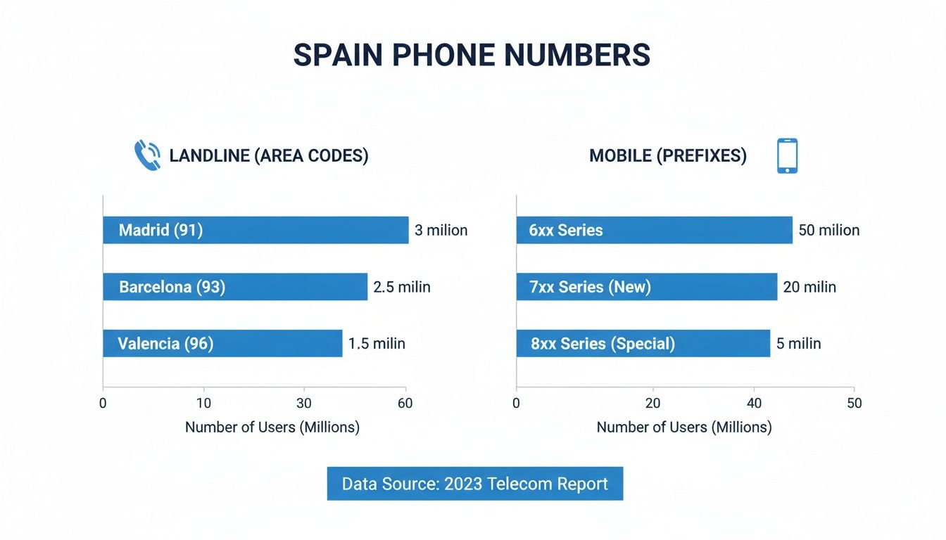 Bar charts illustrate Spain's landline area codes and mobile prefixes, detailing user numbers in millions.