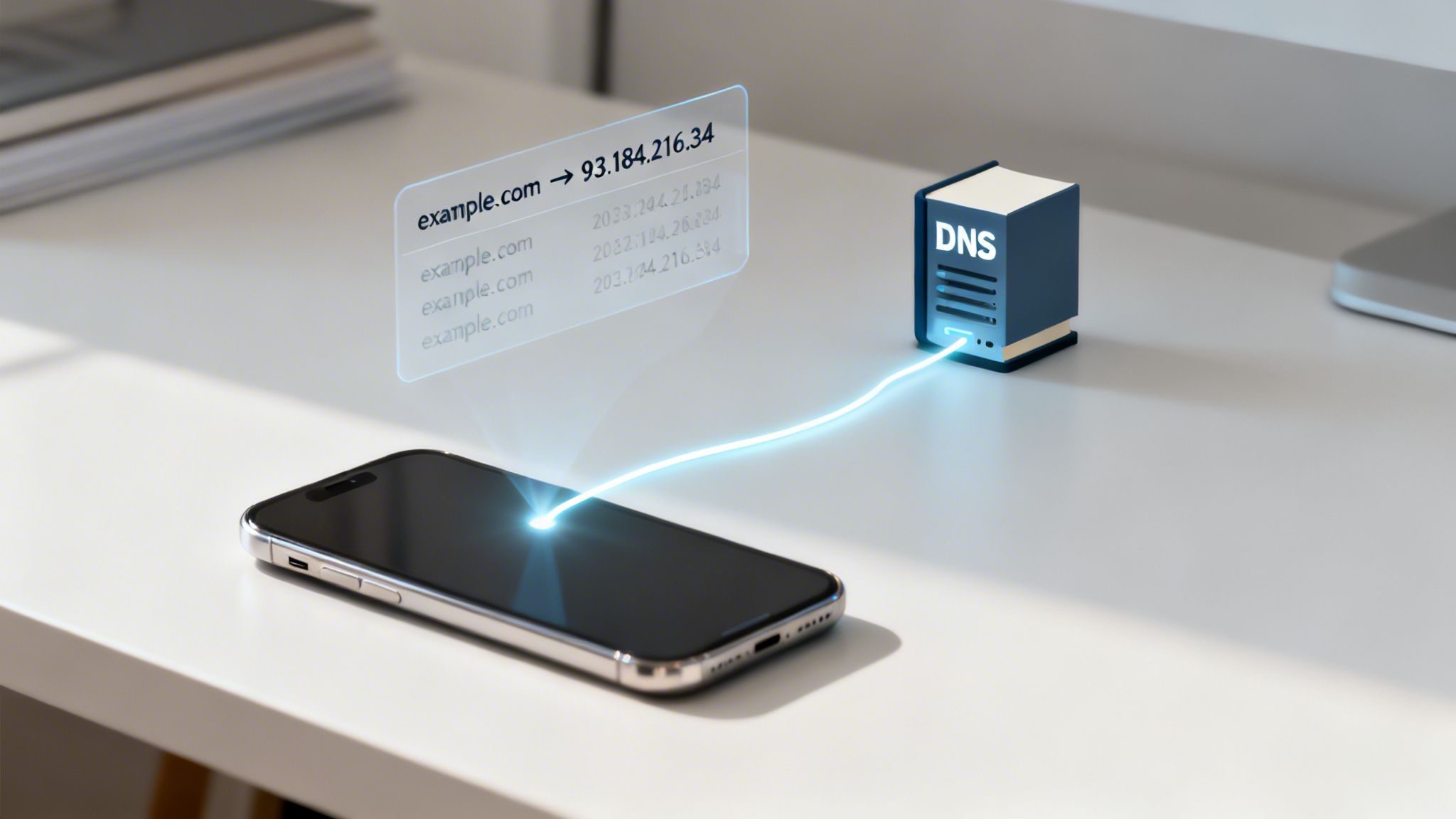 A smartphone sends a request to a DNS server, displaying domain name example.com resolving to an IP address.