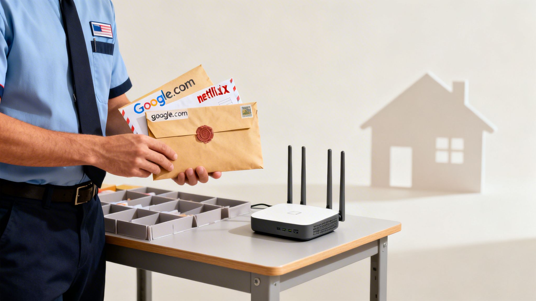 A mail carrier delivers web-labeled envelopes, with a Wi-Fi router and a house cutout.