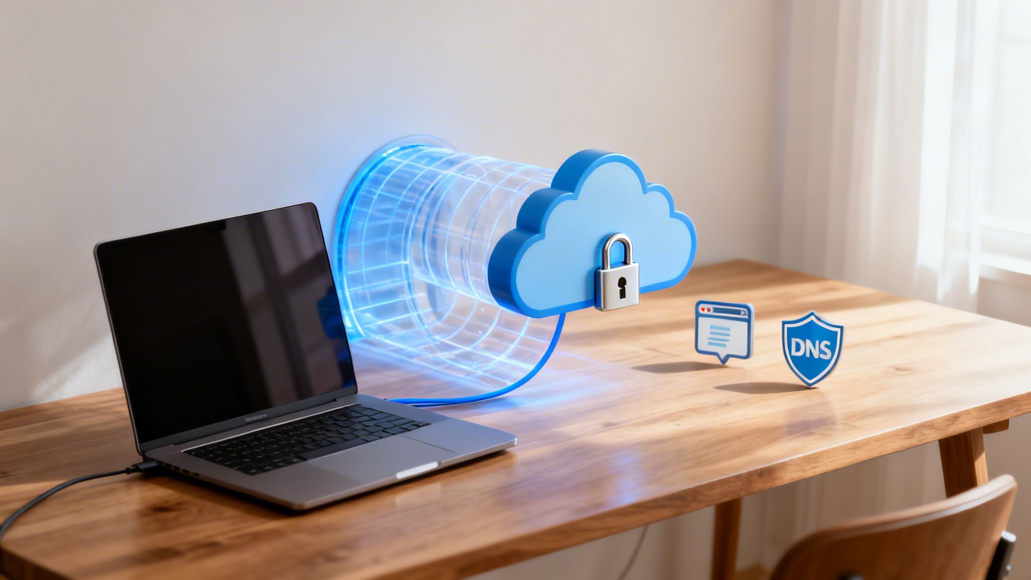 A laptop connected to a secure cloud with a padlock via a glowing tunnel, alongside browser and DNS shield icons.