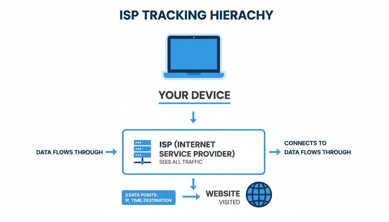 An ISP tracking hierarchy diagram showing data flow from your device, through the ISP, to a visited website.