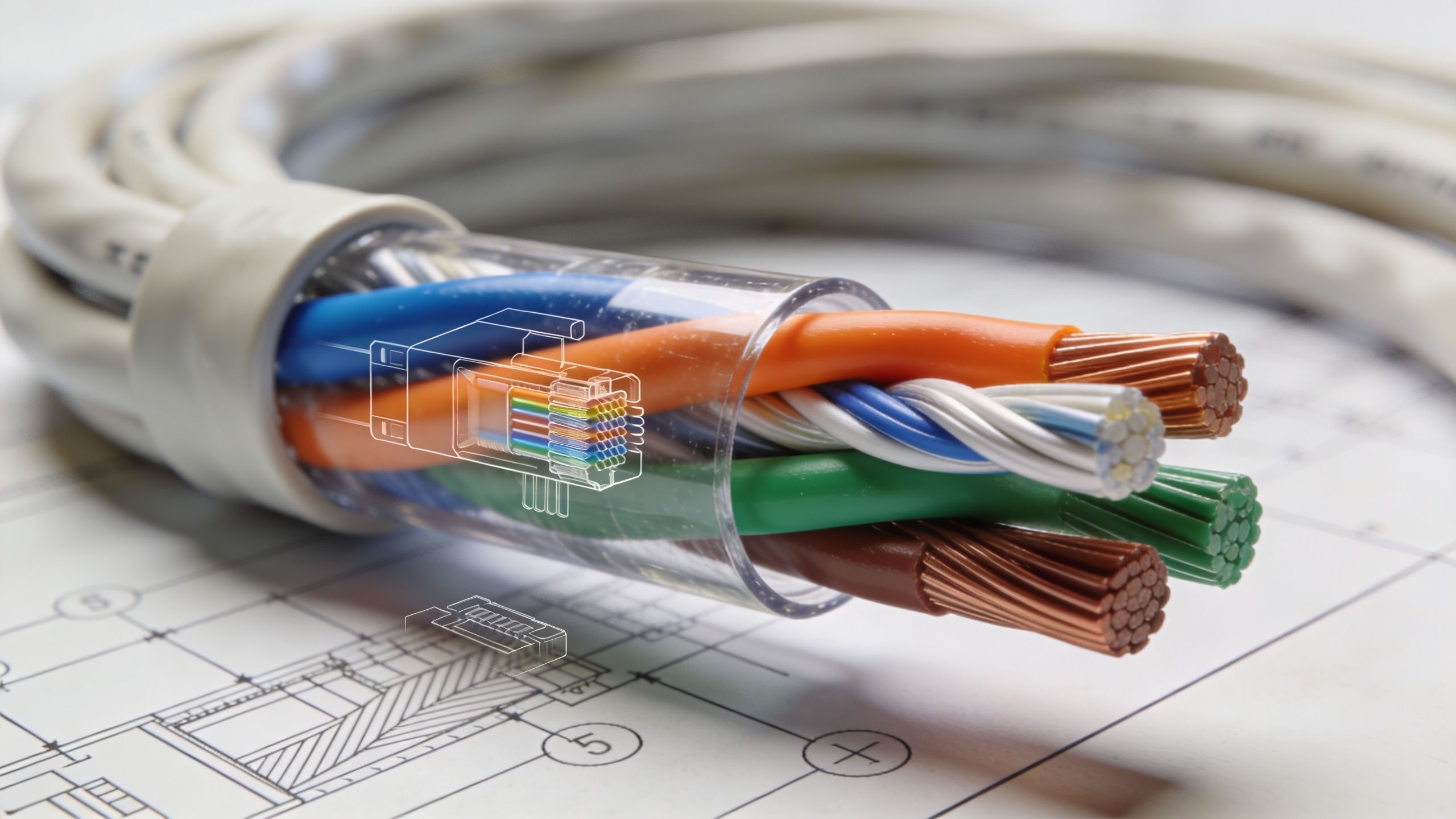A close-up view of a multi-colored electrical cable bundle placed over technical construction blueprints.
