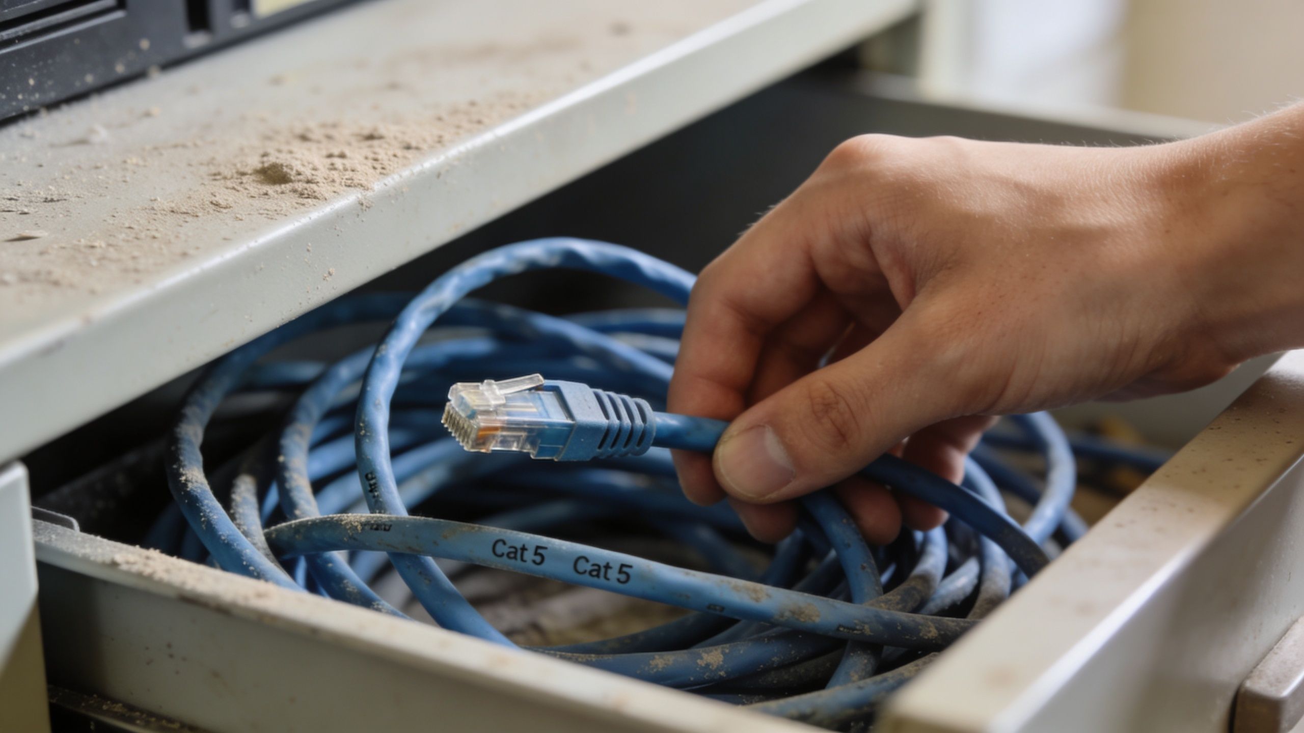 A hand holding a blue Category 5 ethernet cable inside a dusty office desk drawer.