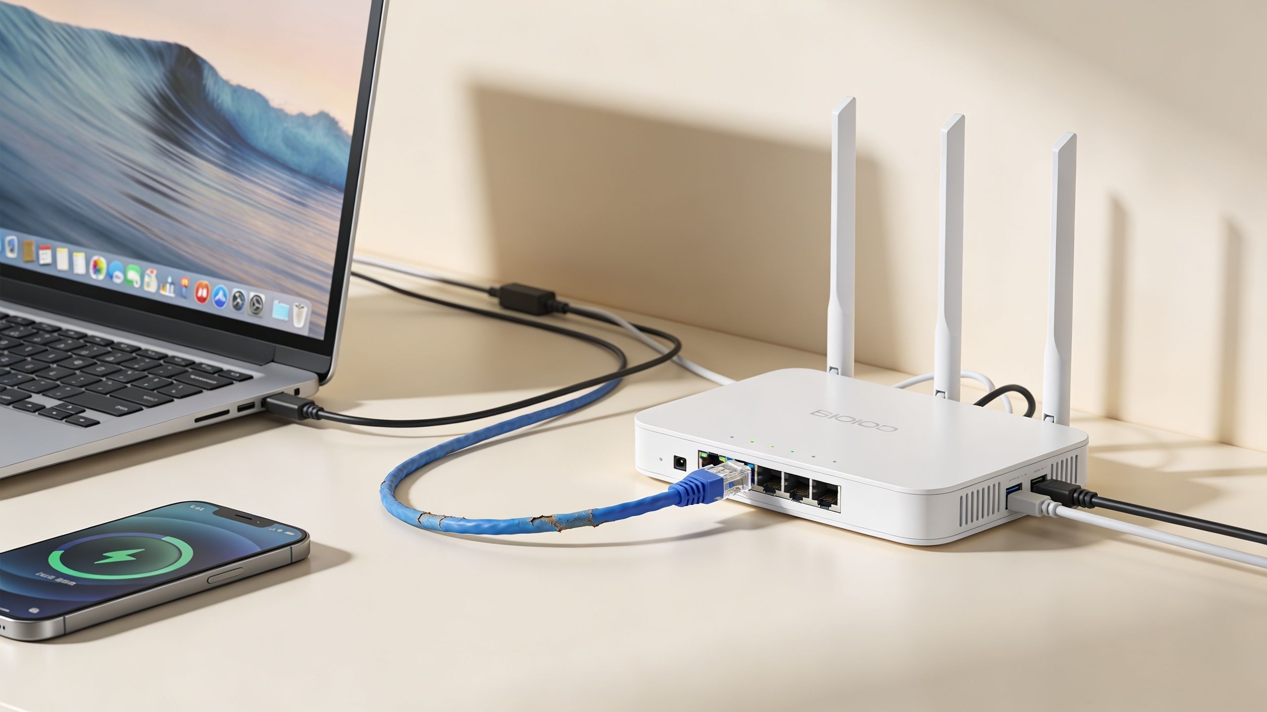 A damaged blue Ethernet cable connects a white network router to a silver laptop on a desk.