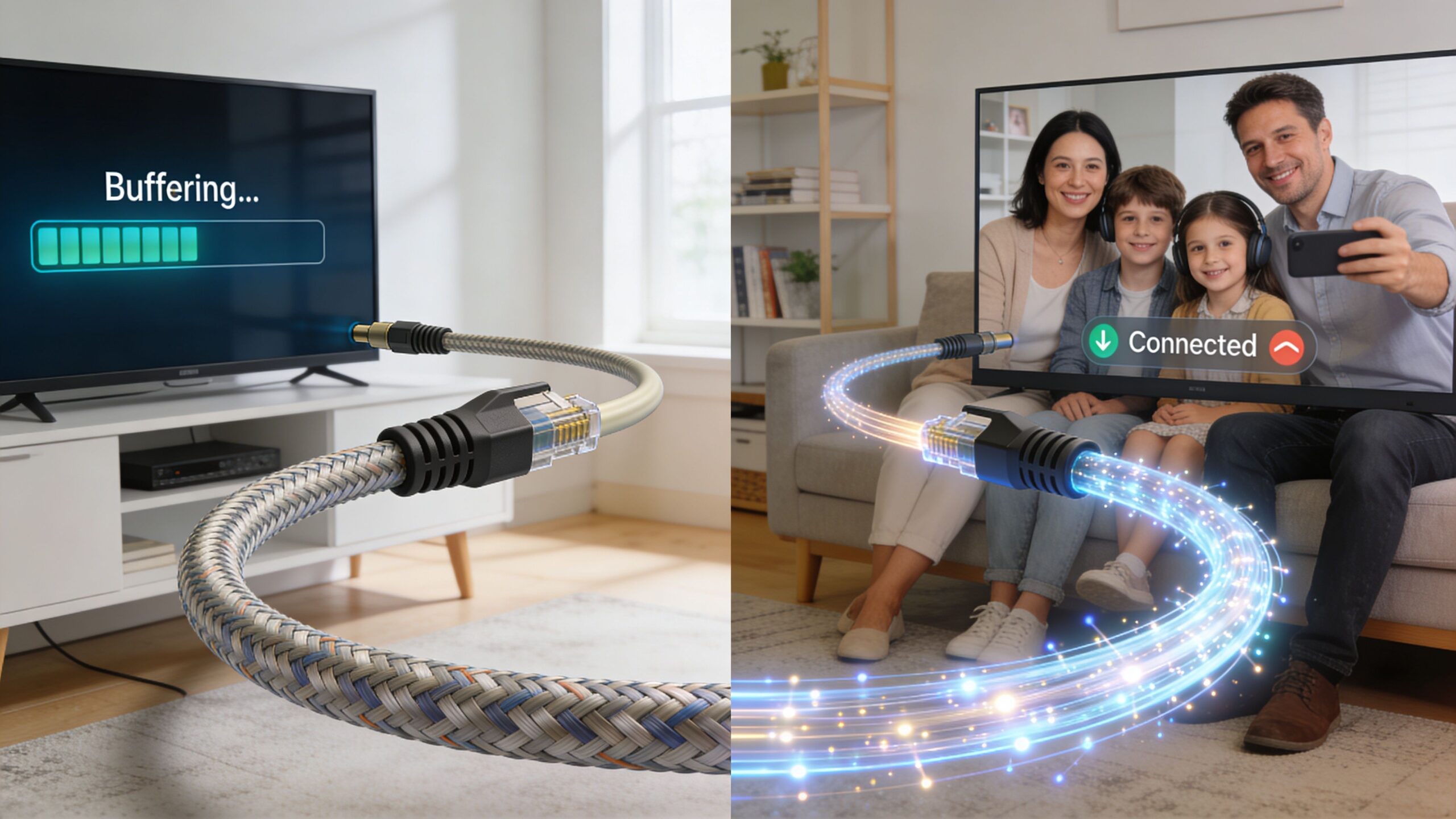 A split screen illustration contrasting a slow buffering television connection with a fast, connected fiber optic experience.
