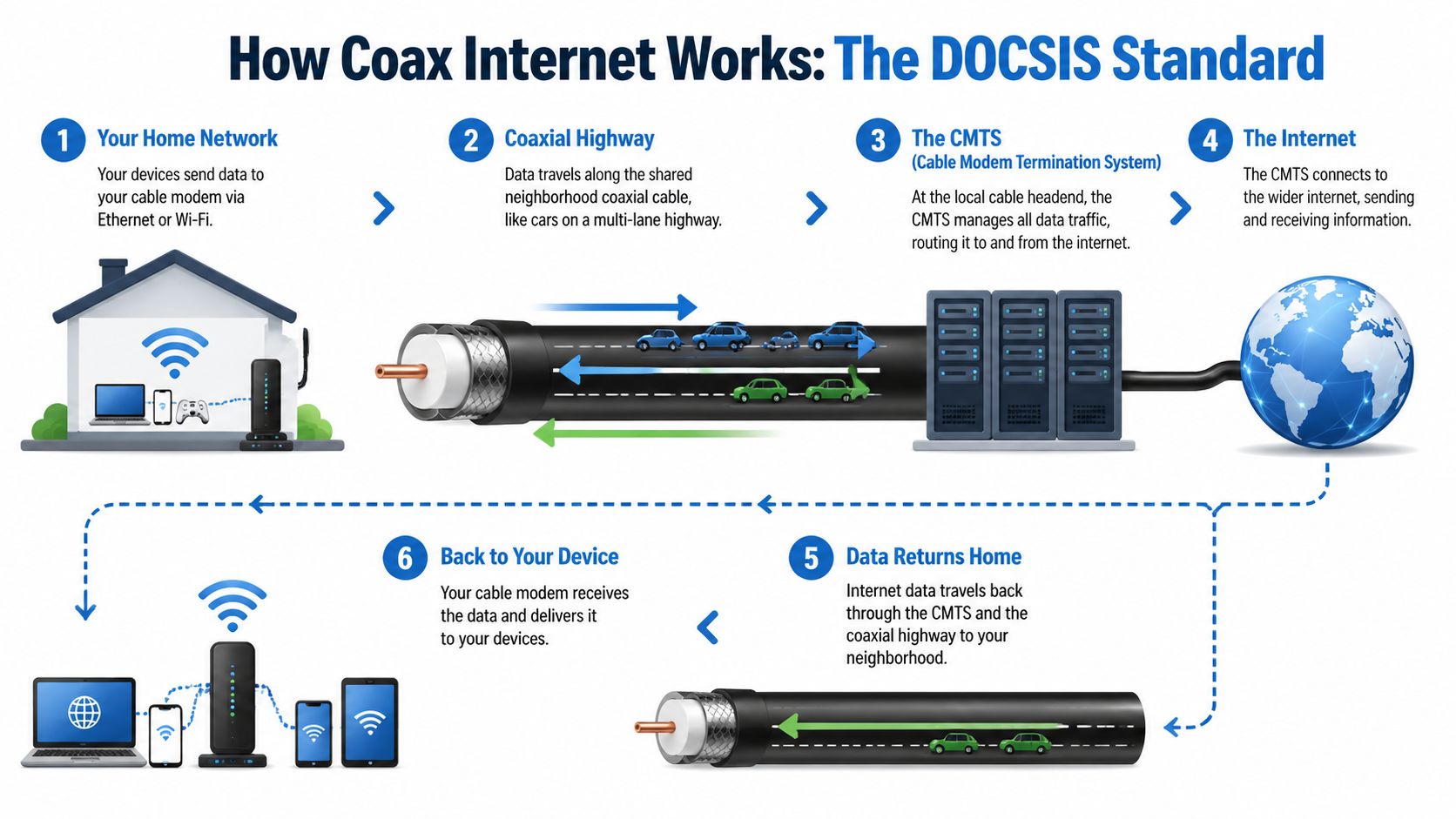 A diagram illustrating how coax internet works using the DOCSIS standard through a six-step process.
