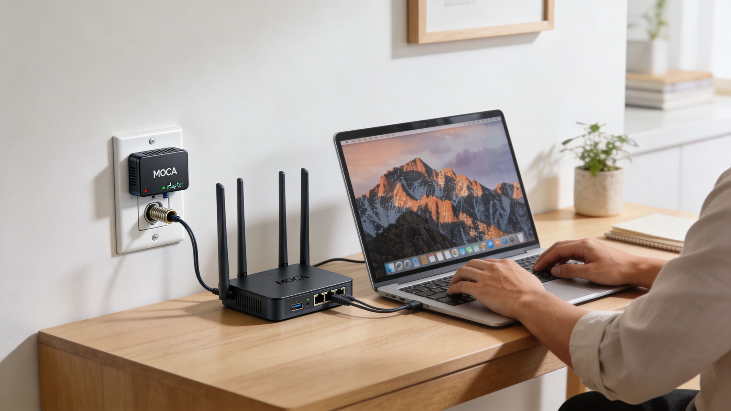 A person using a laptop connected to a MoCA adapter via an Ethernet cable on a wooden desk.
