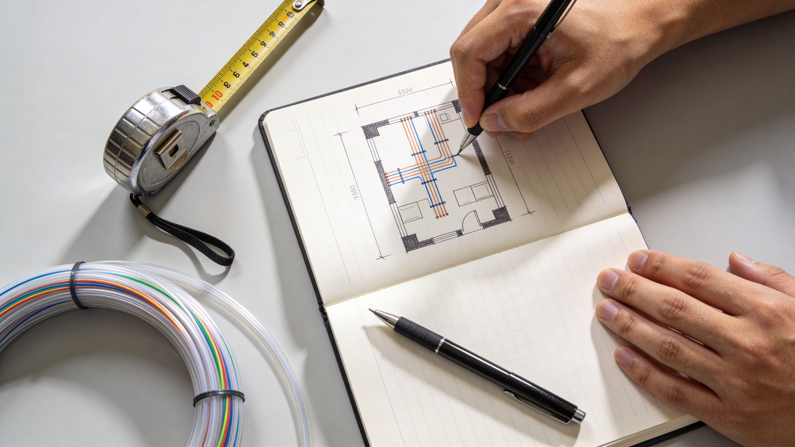 An engineer sketching a fiber optic network diagram in a notebook next to cable supplies and tools.