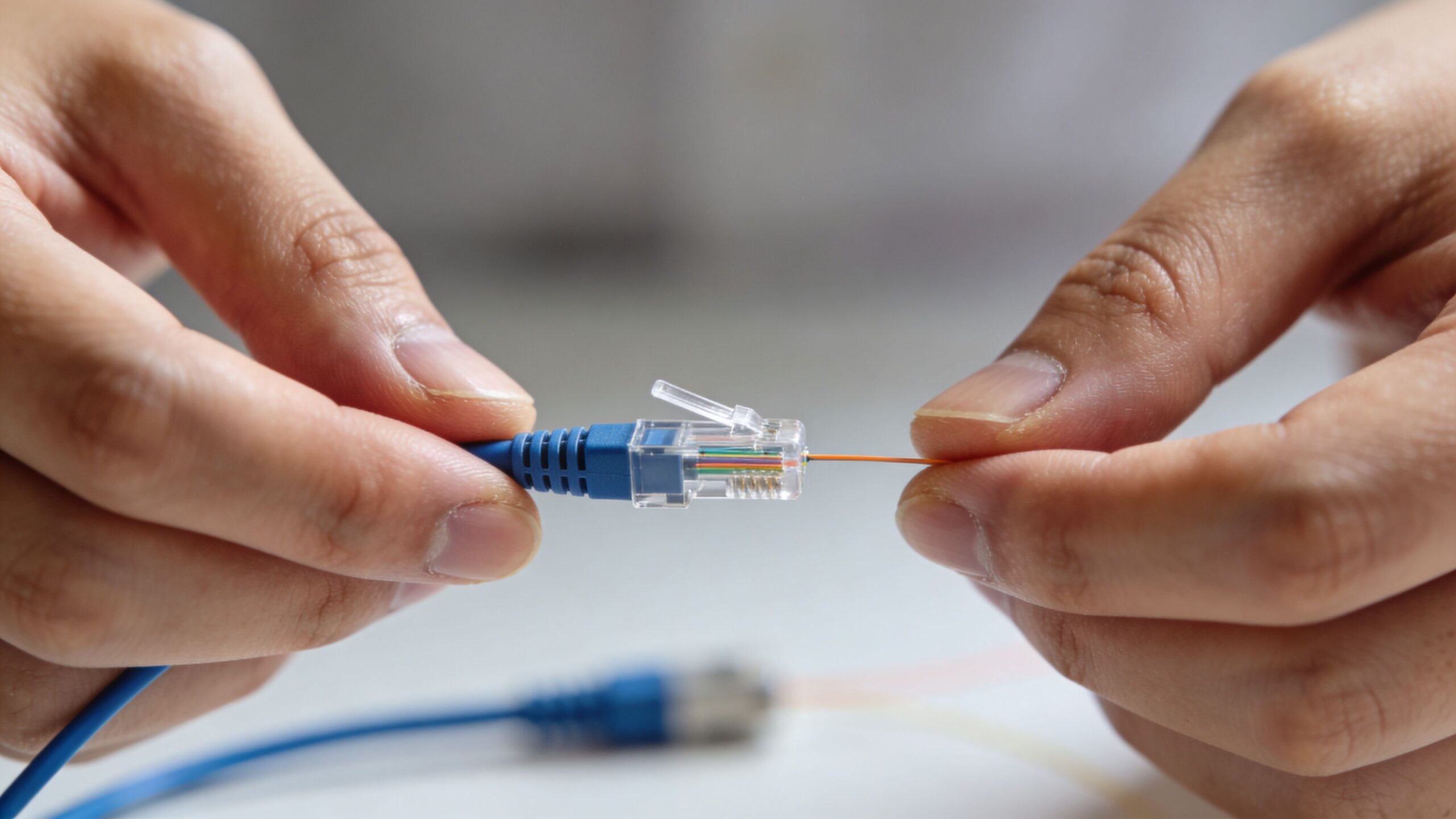 A person holding an RJ45 ethernet connector with an orange fiber optic strand extending from the cable