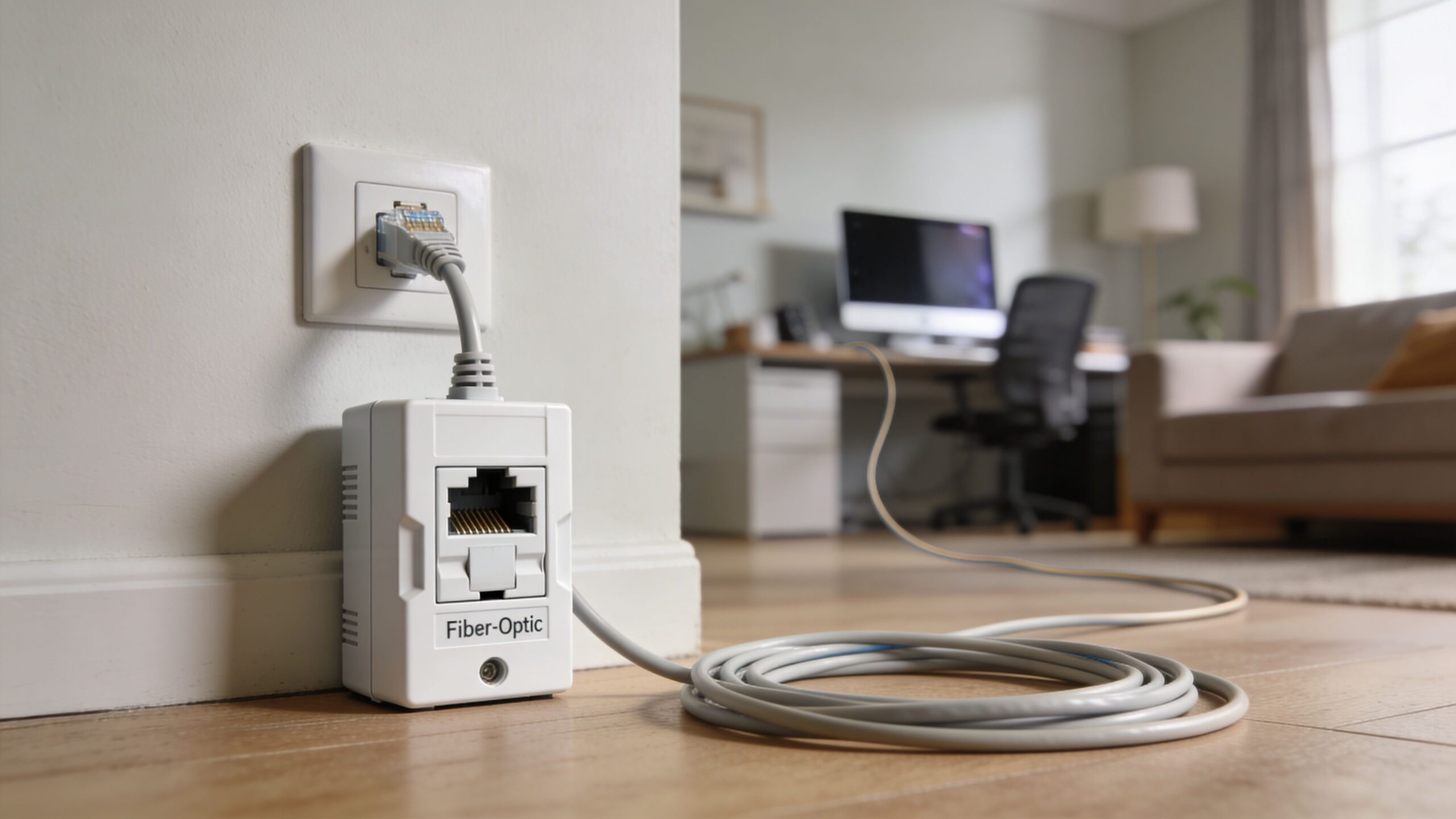 A fiber optic wall box connected to an ethernet wall port sitting on a hardwood floor.