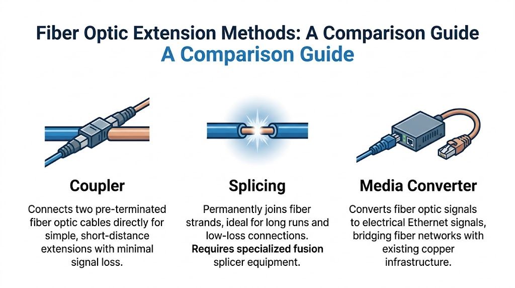 A comparison guide showing three methods for extending fiber optic cables: couplers, splicing, and media converters.