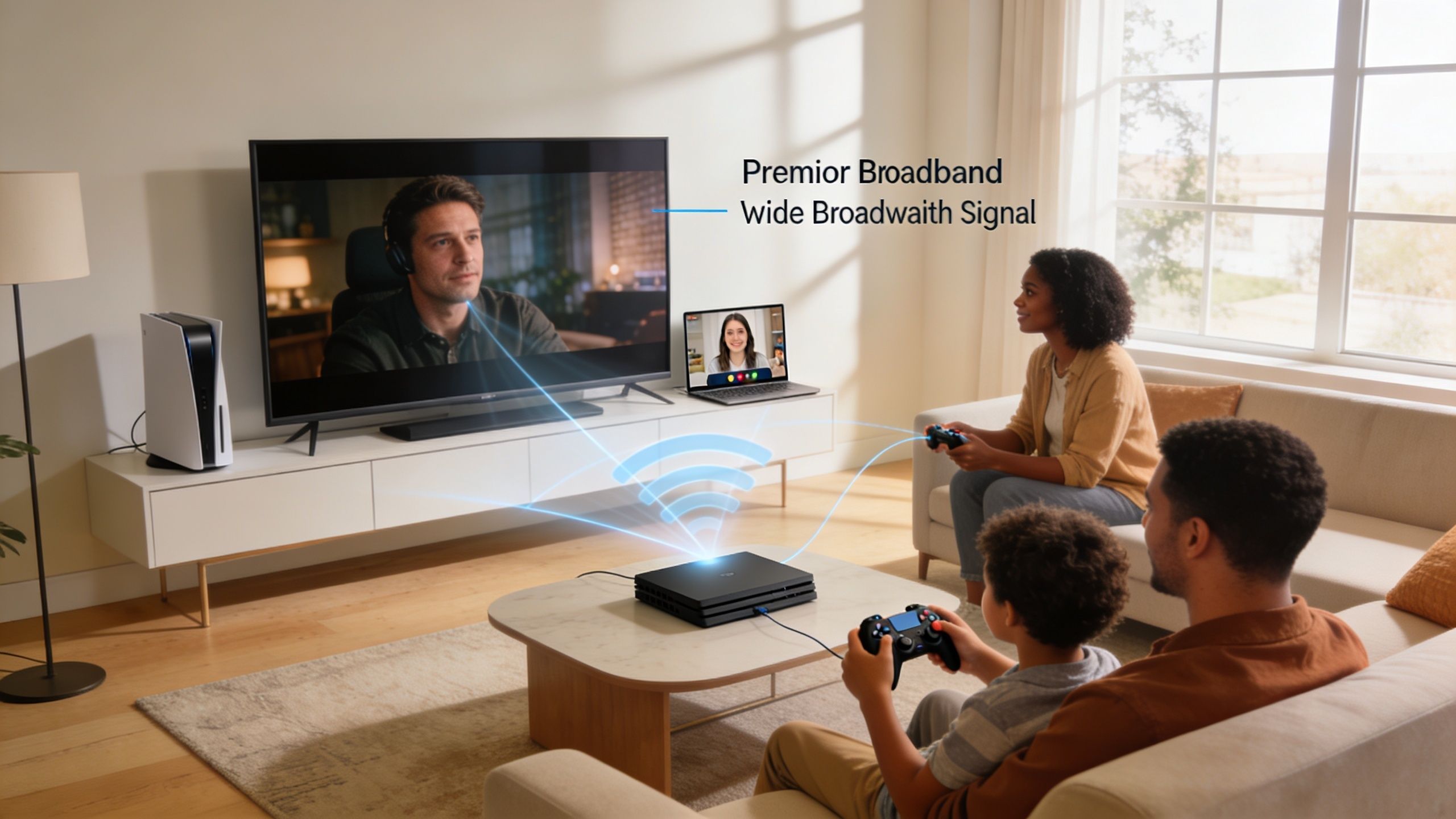 A family sits in a living room, using broadband internet for gaming, video calls, and television streaming.