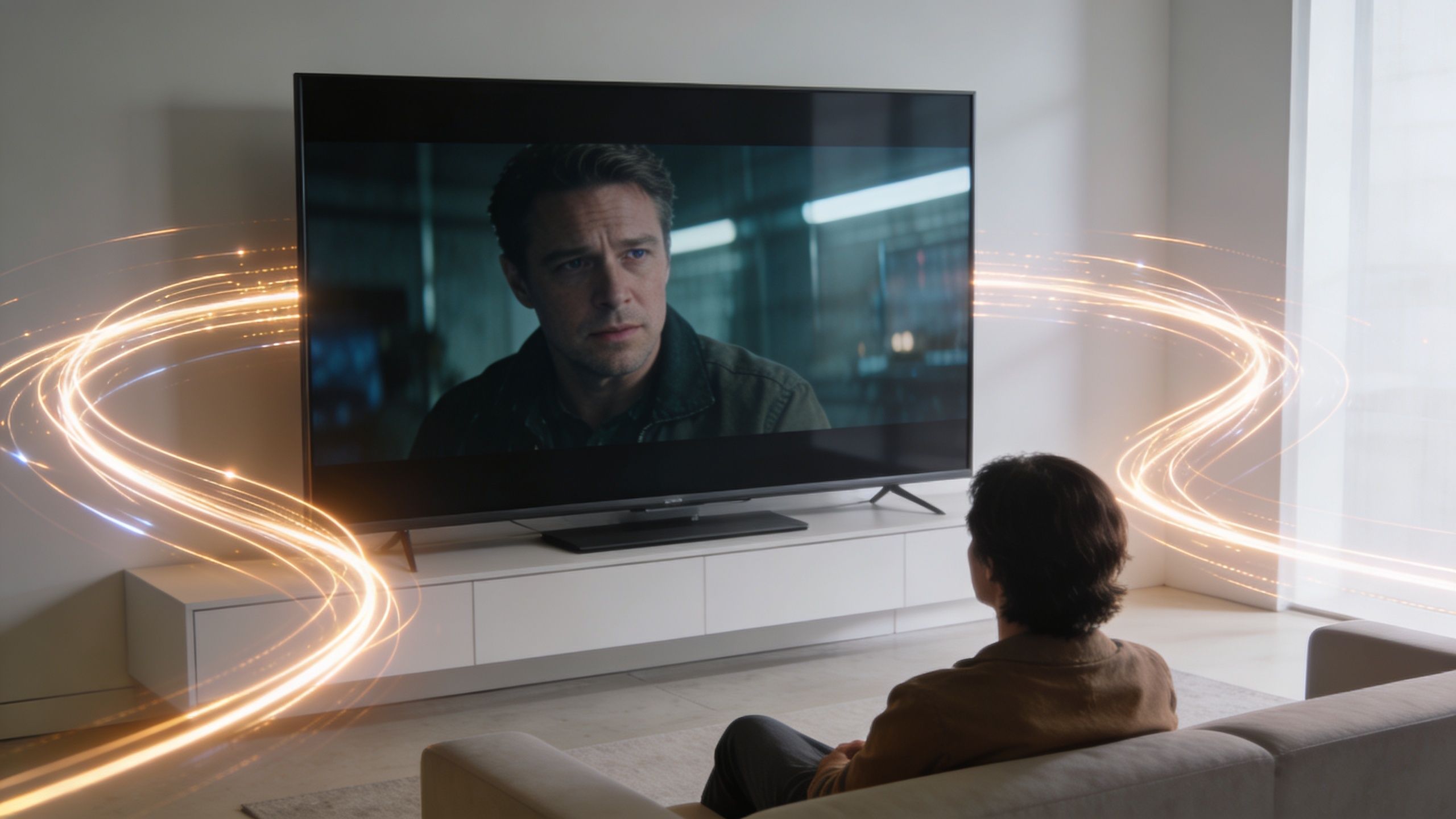 A person watching a movie on a large television screen with glowing light effects around it.