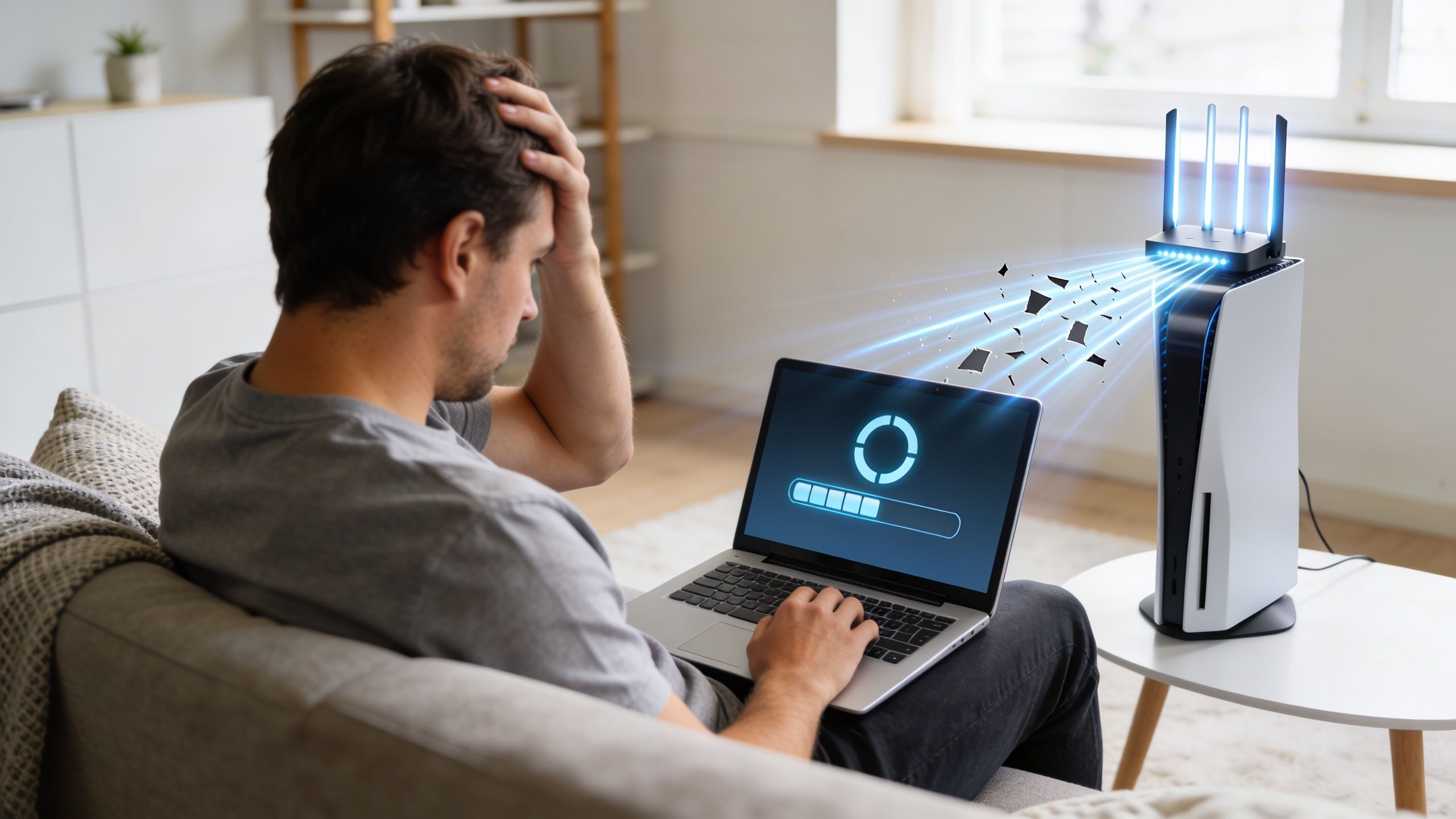 A frustrated man sitting on a couch while using a laptop to troubleshoot slow internet connectivity.